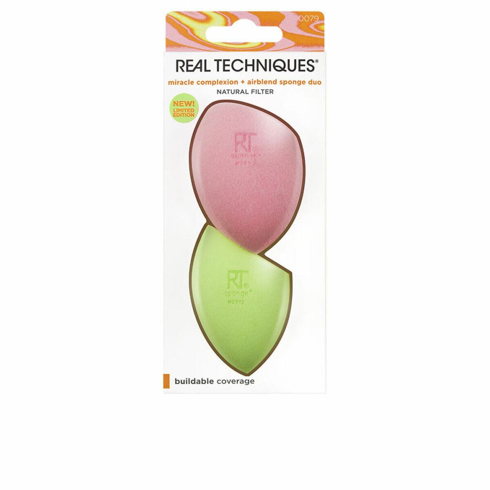 Zwei Make-up-Schwämme in rosa und grün. Verpackung mit Produktnamen und Logo.