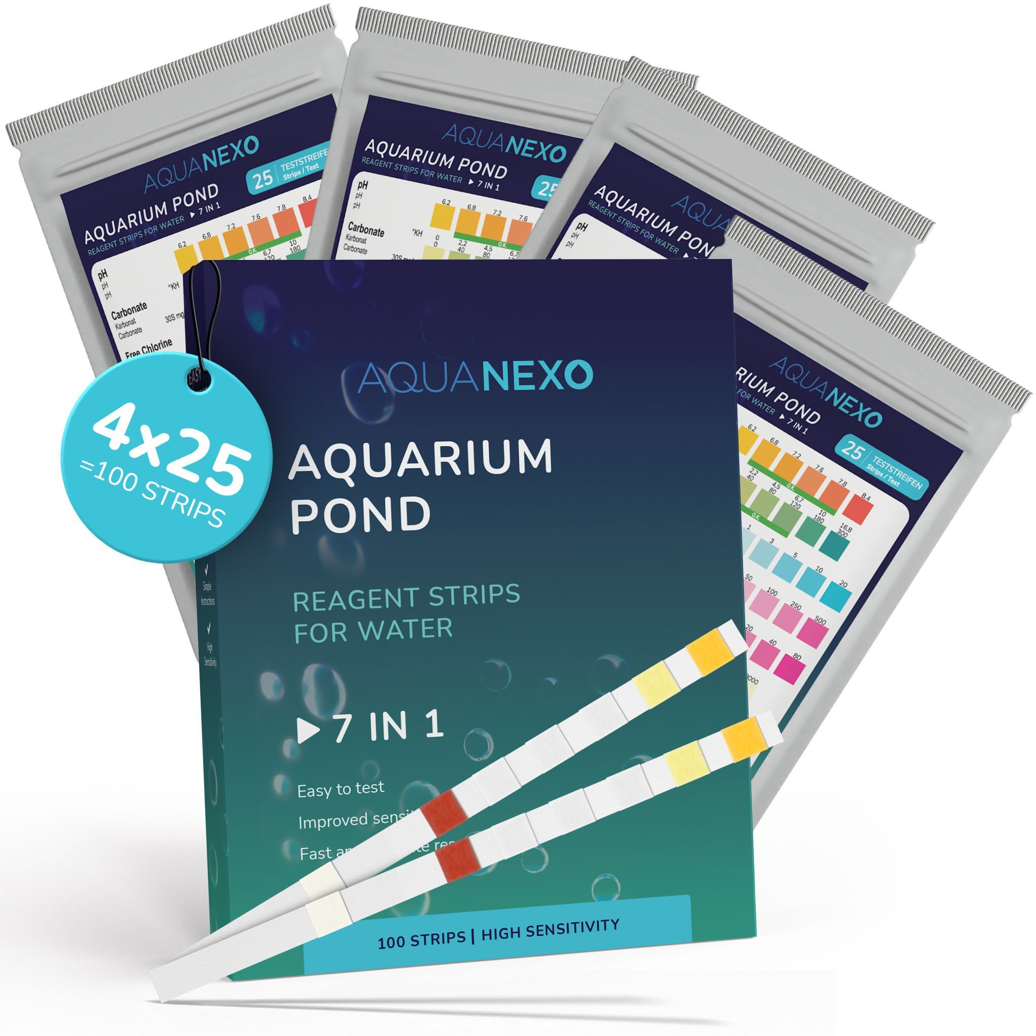 Aquanexo 7in1 Aquarium & Teich Teststreifen – zur Wasseranalyse, Großpackung 100 St