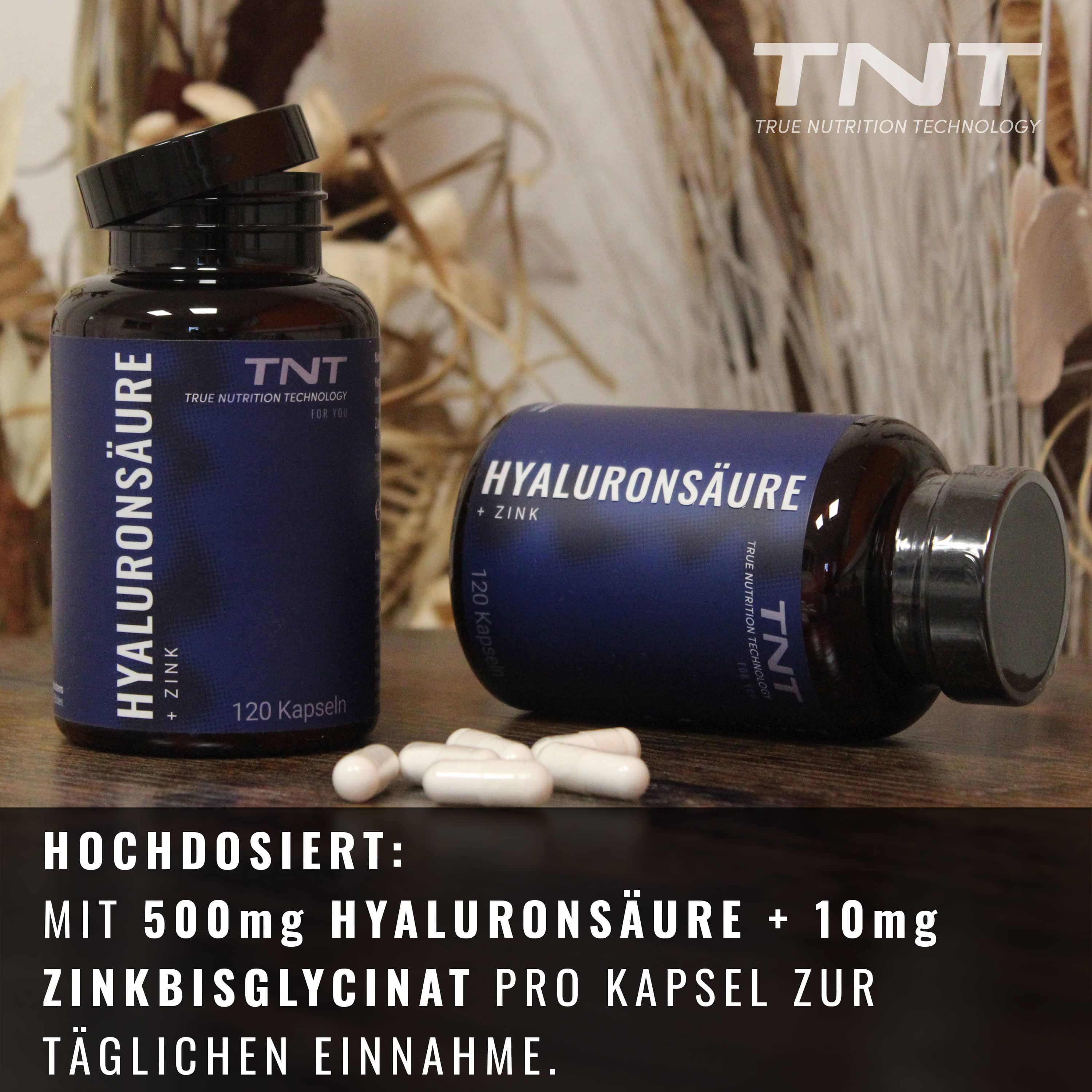 Zwei Flaschen und Kapseln. Aufschrift: Hyaluronsäure + Zink, 120 Kapseln. Marke: TNT. Text: Hochdosiert, 500mg Hyaluronsäure + 10mg Zink.