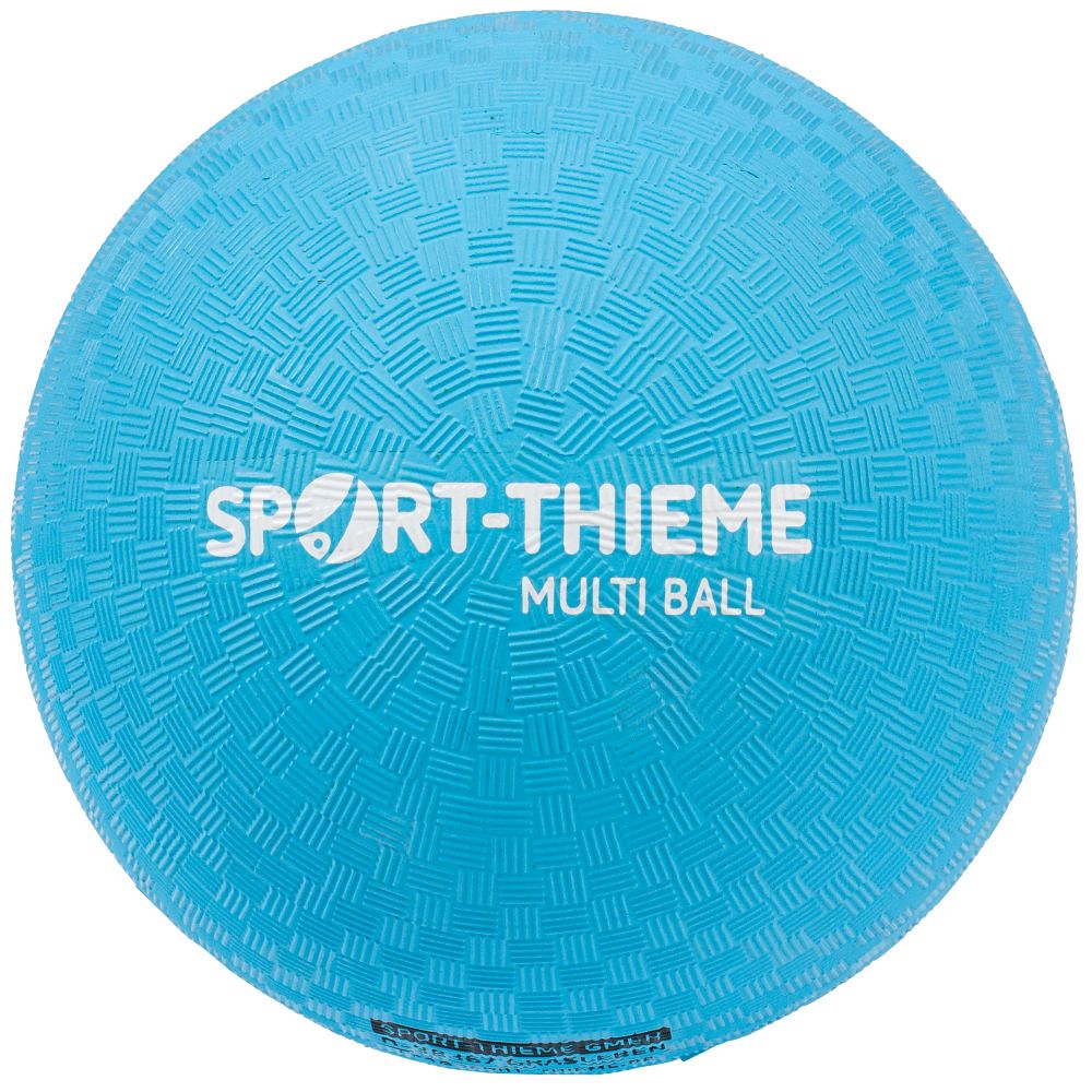 Blauer Ball mit Sport-Thieme Logo und Multi Ball Schriftzug. Oberfläche mit quadratischem Muster.