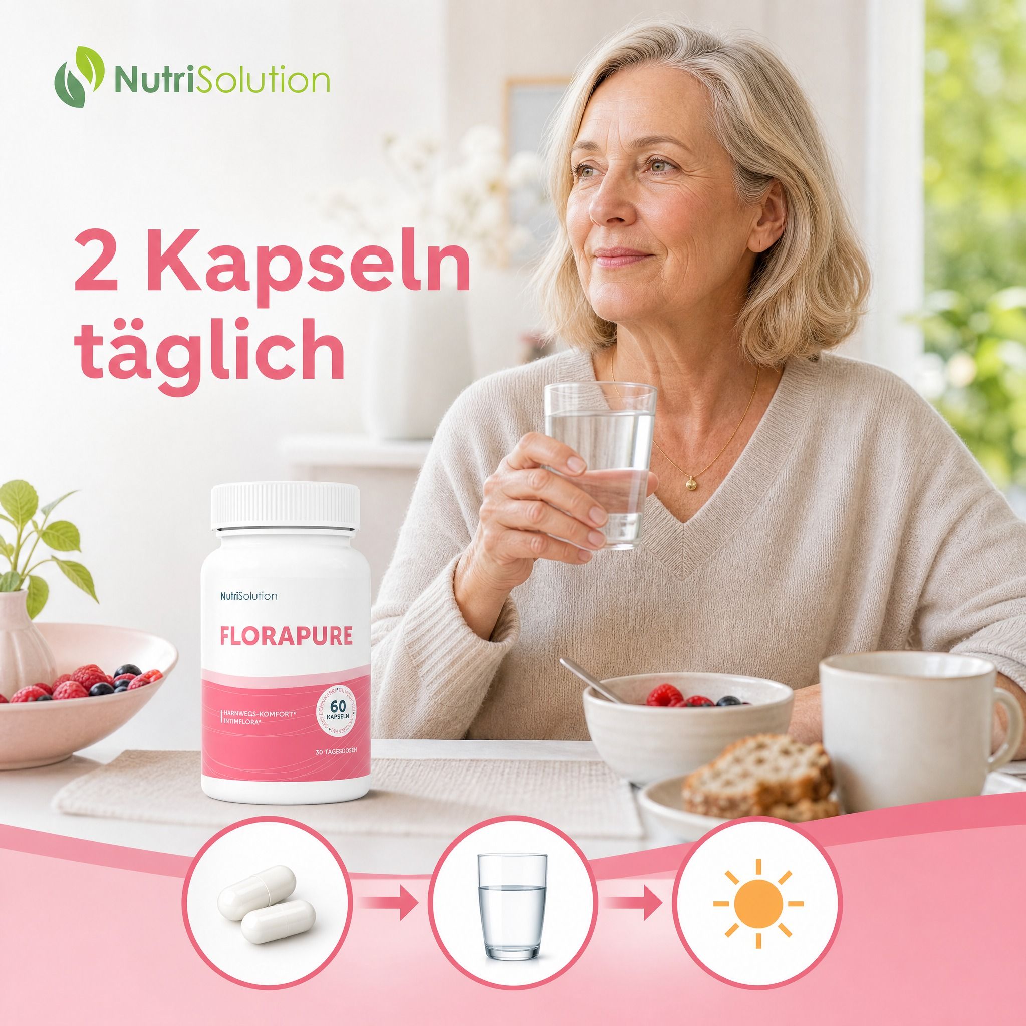 Frau trinkt Wasser am Tisch mit NutriSolution FloraPure Dose. Icons zeigen Kapseln, Wasser, Sonne.