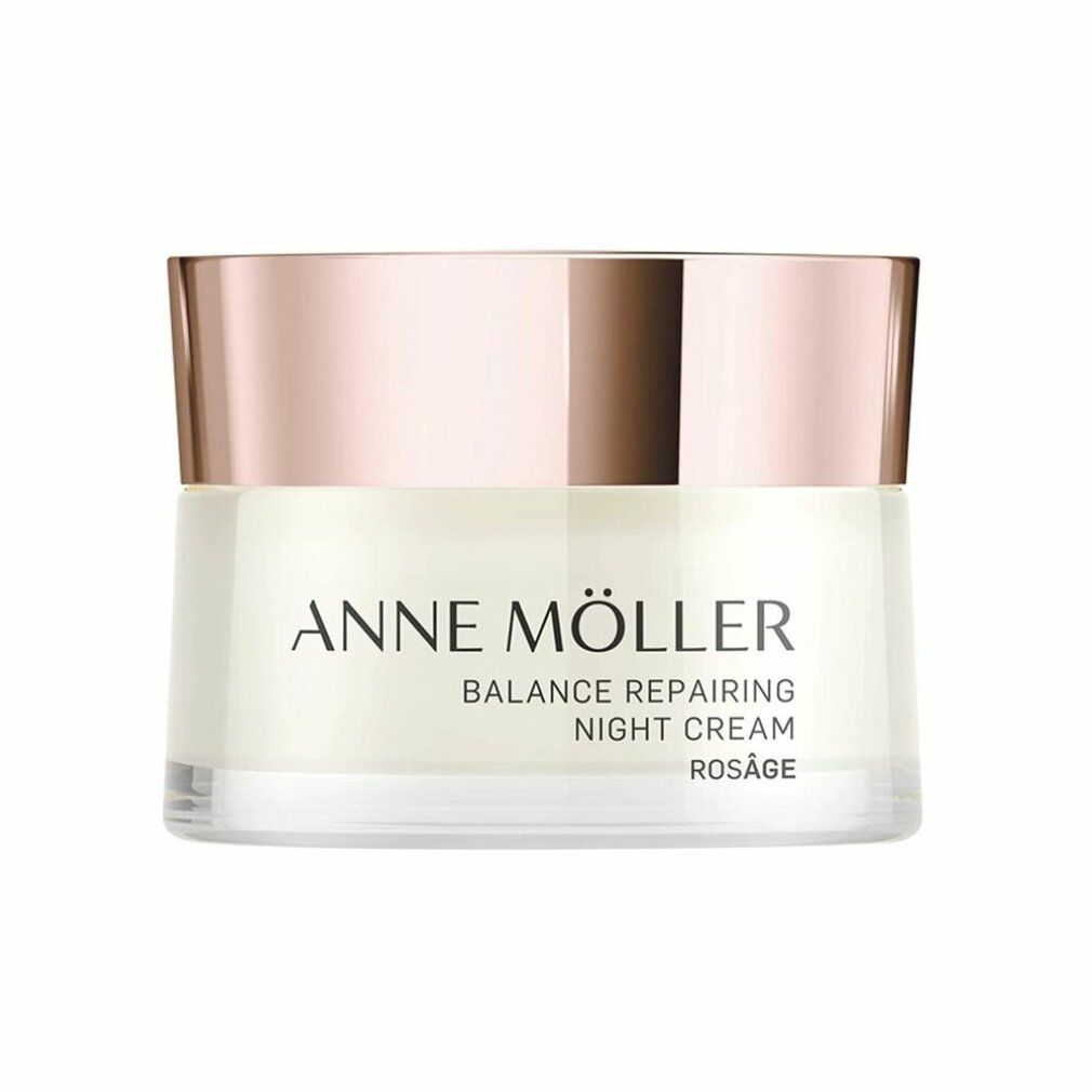 Creme-Glas mit roségoldfarbenem Deckel. Aufschrift: ANNE MÖLLER, Balance Repairing Night Cream, Rosâge.