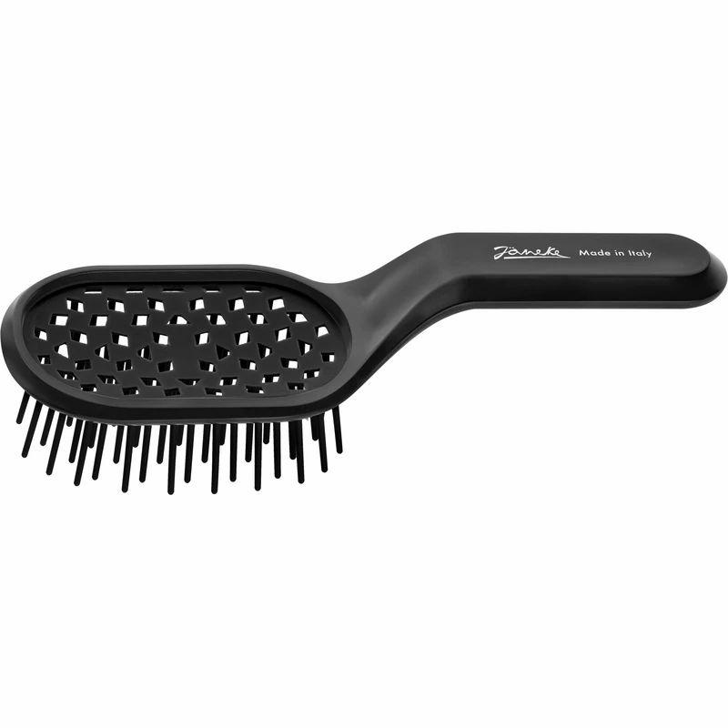 Schwarze Haarbürste mit Griff und belüfteter, ovaler Bürstenfläche. Marke Janeke, Made in Italy.