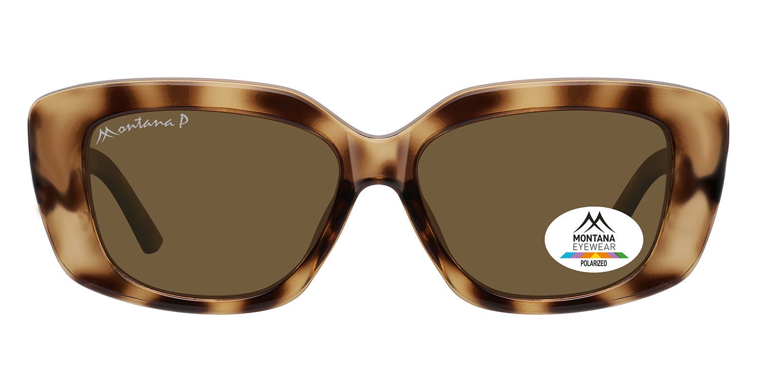 Sonnenbrille mit braunen Gläsern und braunem Rahmen. Logo Montana Eyewear und Polarized-Aufkleber. Eckige Form.