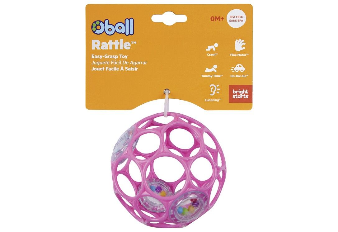 Rosa Rassel in Verpackung. Aufschrift: Oball Rattle, Easy-Grasp Toy. Verpackung mit Logo und Produktinformationen.