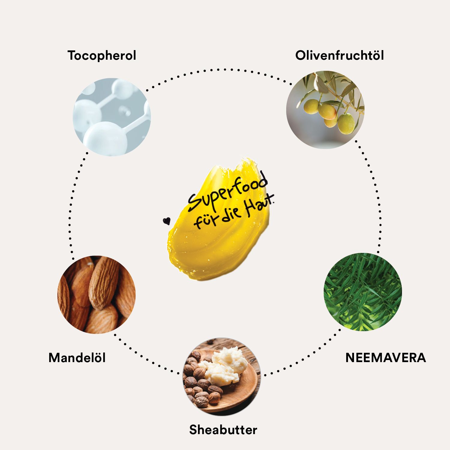 Kreisförmige Anordnung von Inhaltsstoffen: Mandelöl, Sheabutter, Neem, Olivenfruchtöl, Tocopherol, gelbe Creme.