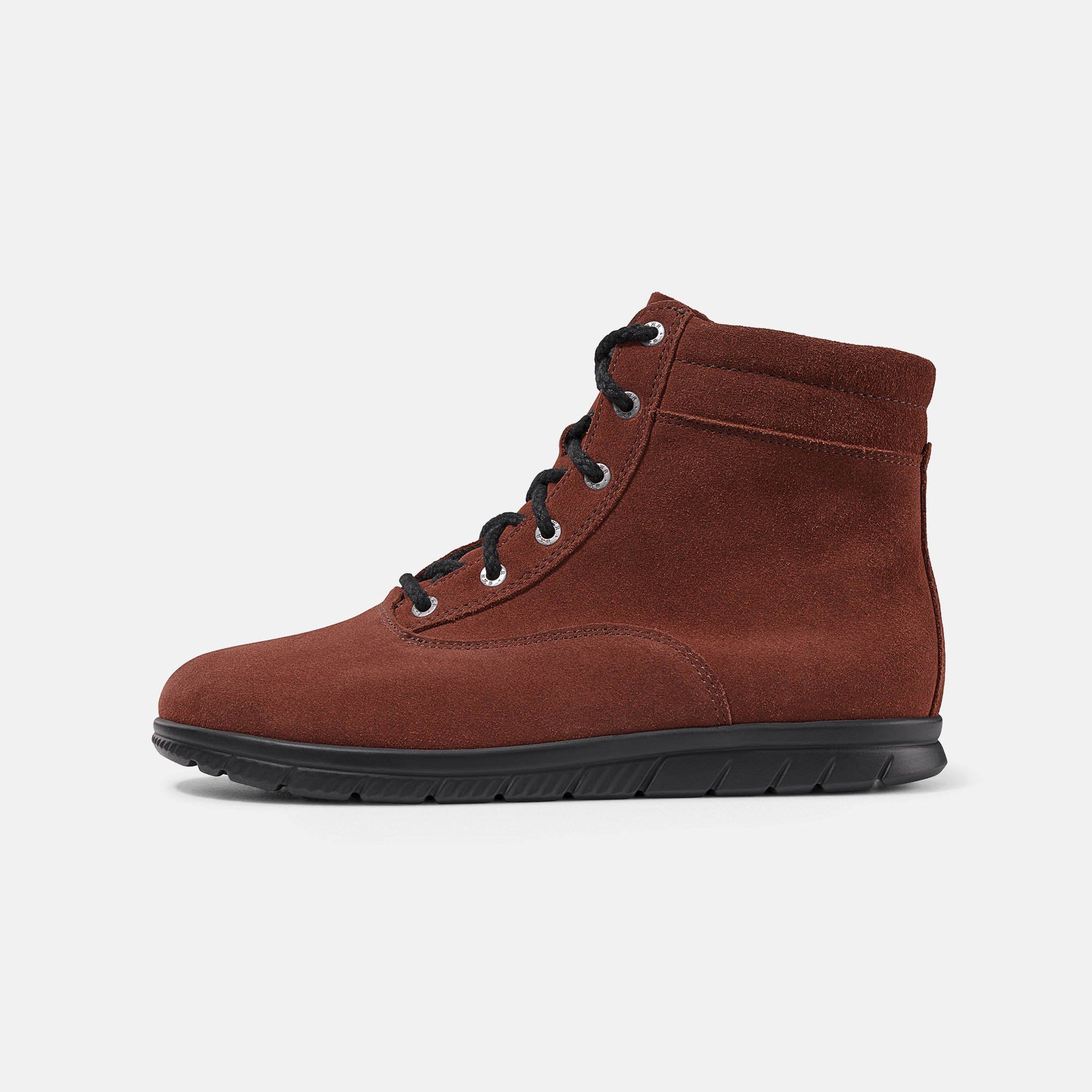 Rote Damen-Stiefeletten aus Wildleder, Seitenansicht mit Schnürung und Reißverschluss.