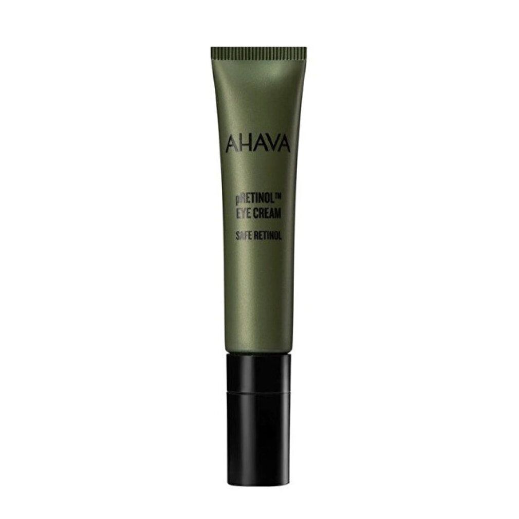 Grüne Tube mit schwarzem Deckel. Aufschrift: AHAVA pREtinol EYE CREAM SAFE RETINOL.