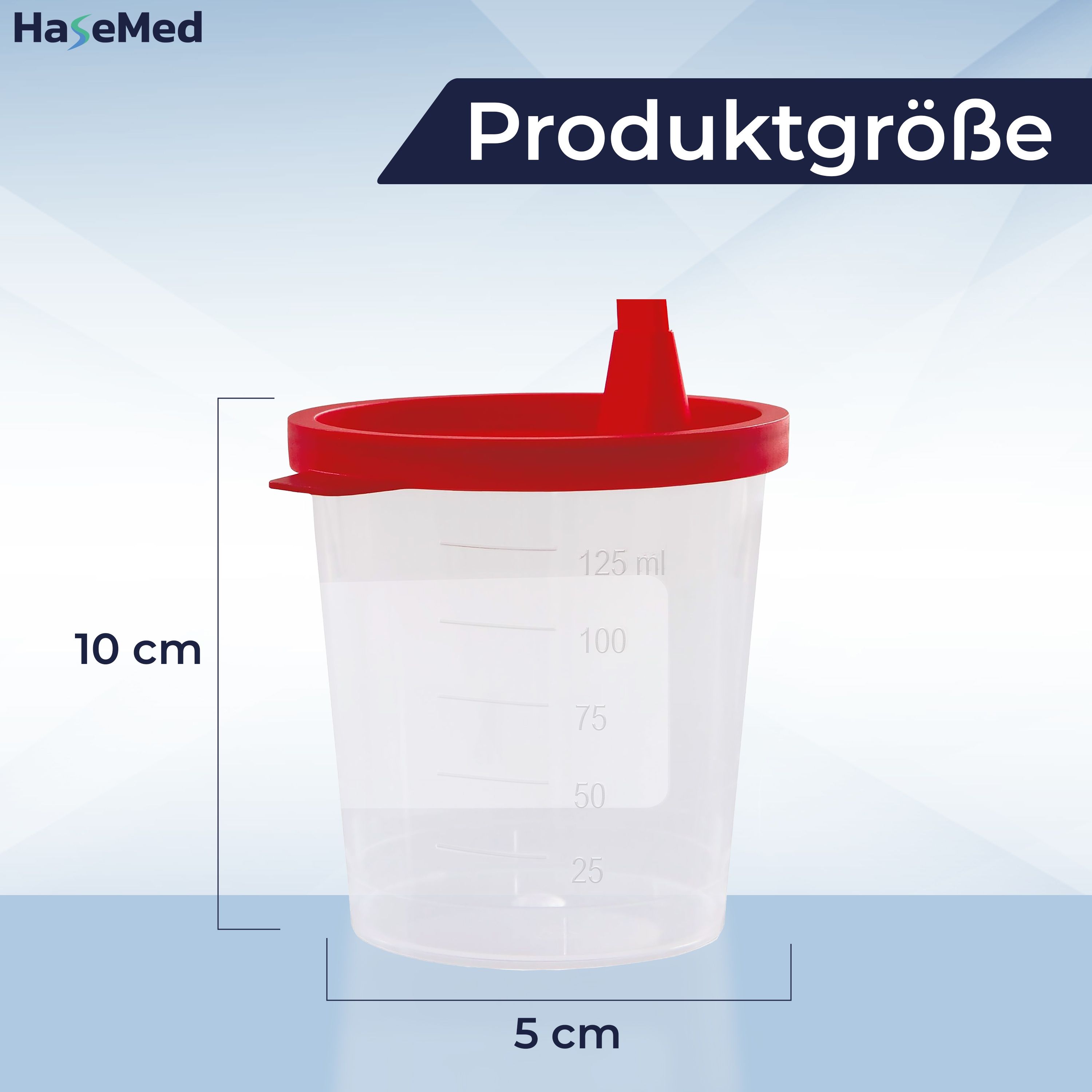 Transparenter Becher mit rotem Schnappdeckel, Messskala, 10 cm hoch, 5 cm breit.
