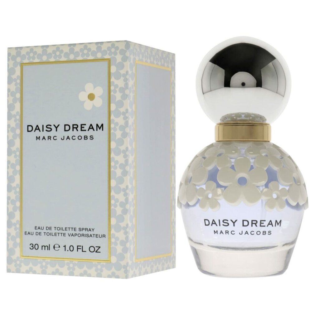 Parfümflakon und Schachtel. Flakon mit silbernem Deckel, blumigem Design. Schachtel mit Aufschrift Daisy Dream.