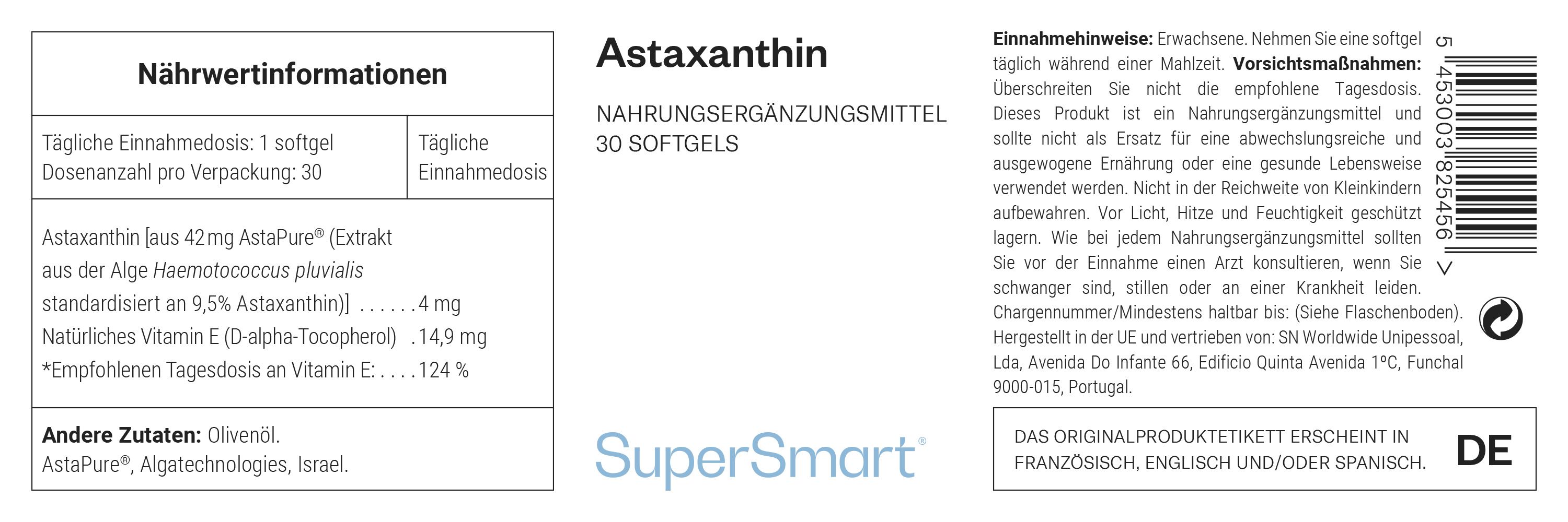 Etikett mit Produktinformationen. Text: Astaxanthin, Nahrungsergänzungsmittel, 30 Softgels. Marke: SuperSmart. Enthält Nährwertangaben und Inhaltsstoffe.