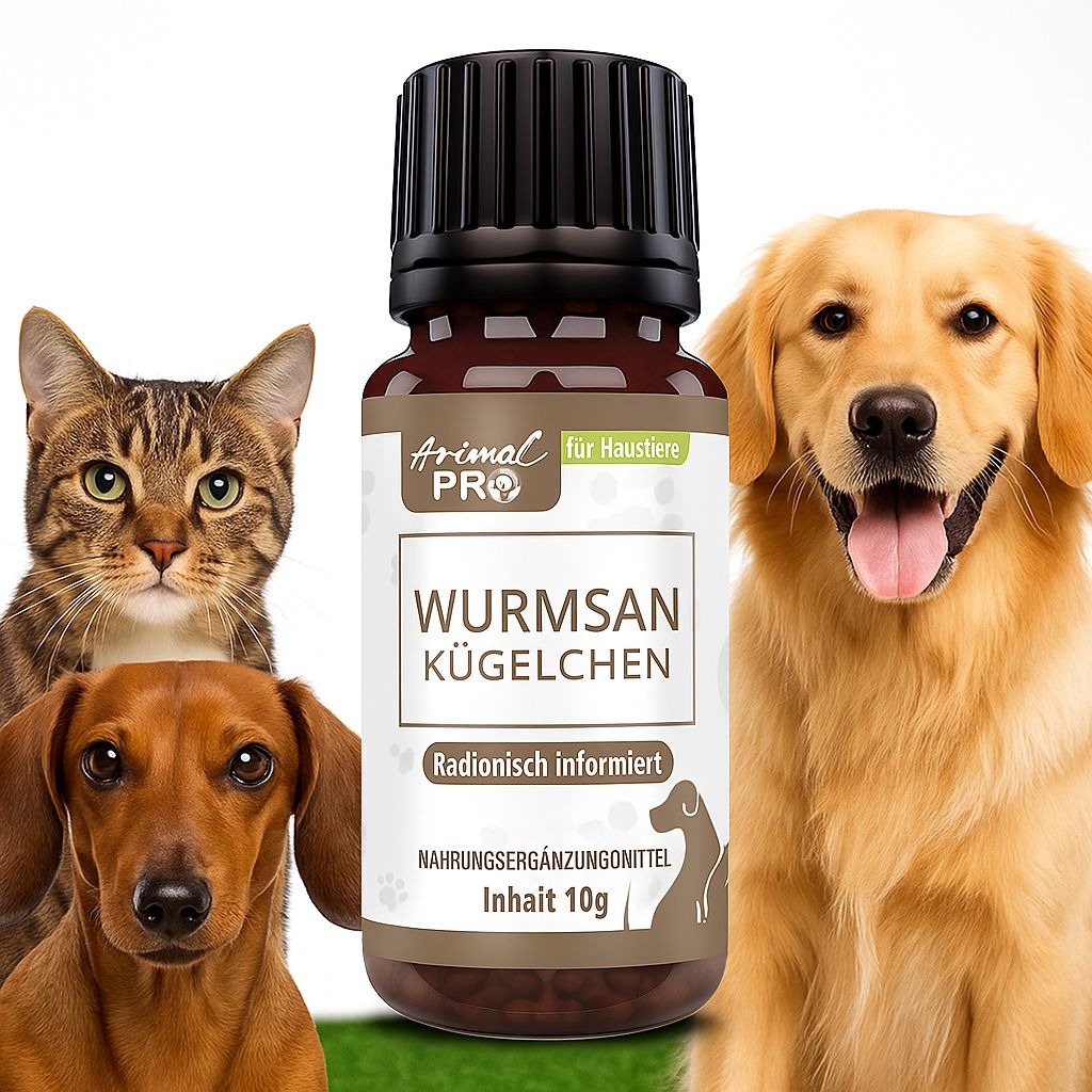 Braune Glasflasche mit schwarzem Deckel. Etikett mit Produktnamen und Logo. Hunde und Katzen im Hintergrund.