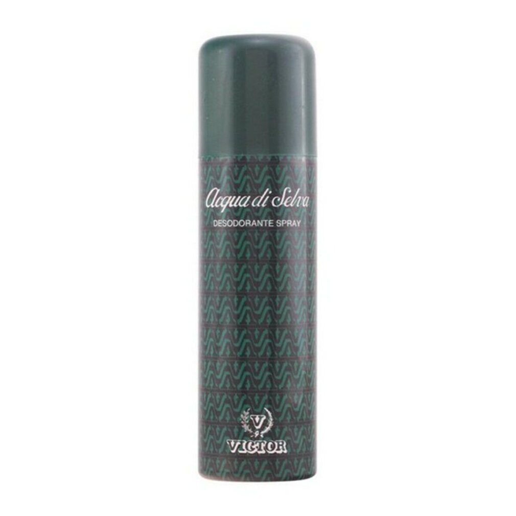 Deodorant-Spray. Grün-schwarzes Muster. Aufschrift: Acqua di Selva, Desodorante Spray, Victor. Zylindrische Form.