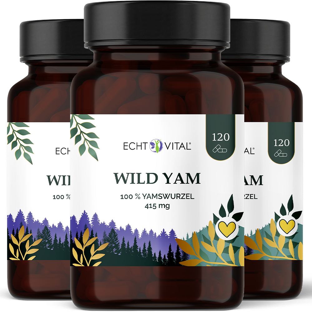 Drei Flaschen Echt Vital Wild Yam Nahrungsergänzungsmittel mit 120 Kapseln.