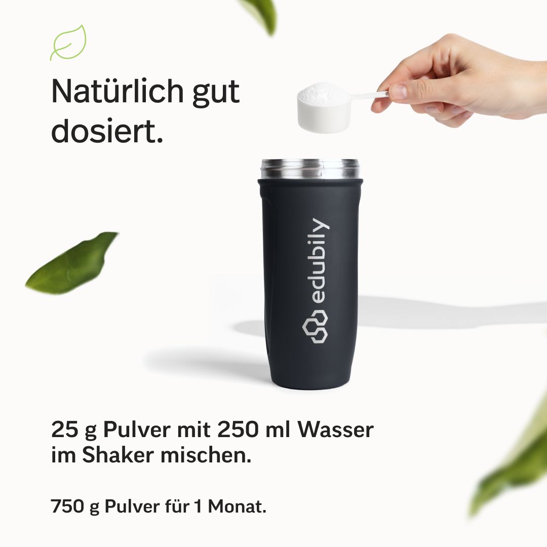 Pulver wird in Shaker gegeben. 25g Pulver mit 250ml Wasser mischen. 750g Pulver für 1 Monat.