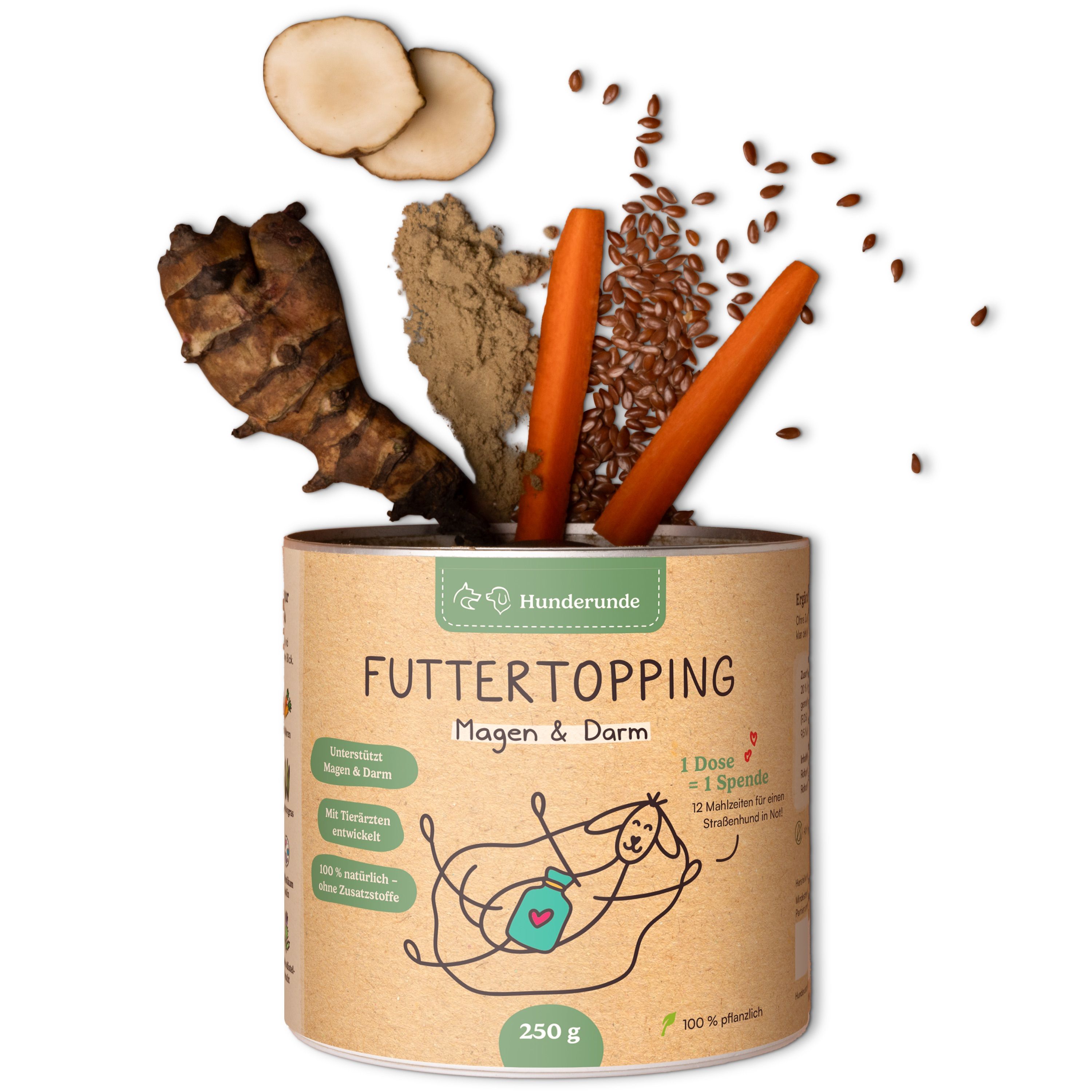 Dose Futtertopping Magen & Darm. Zutaten: Topinambur, Karotten, Leinsamen, Ingwer. 100% pflanzlich.