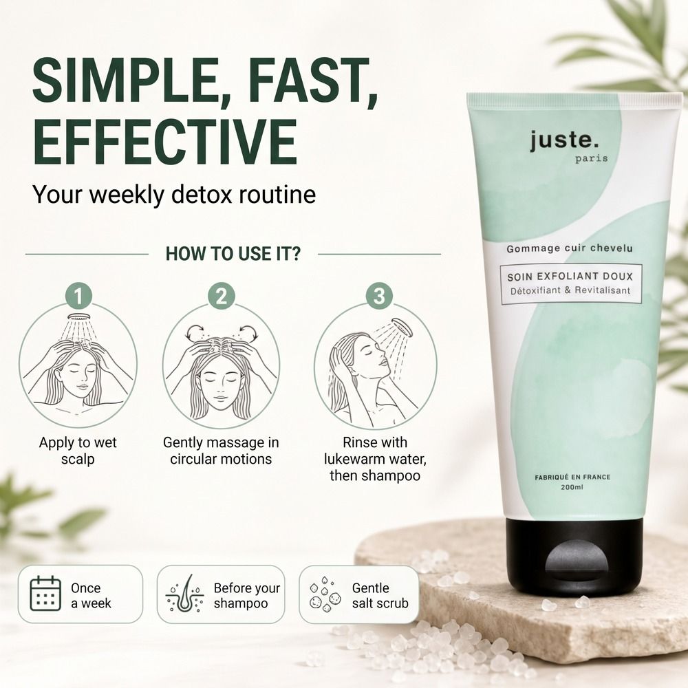 Grüne Tube 'juste. paris soin exfoliant doux' mit Icons für Inhaltsstoffe und Vorteile.