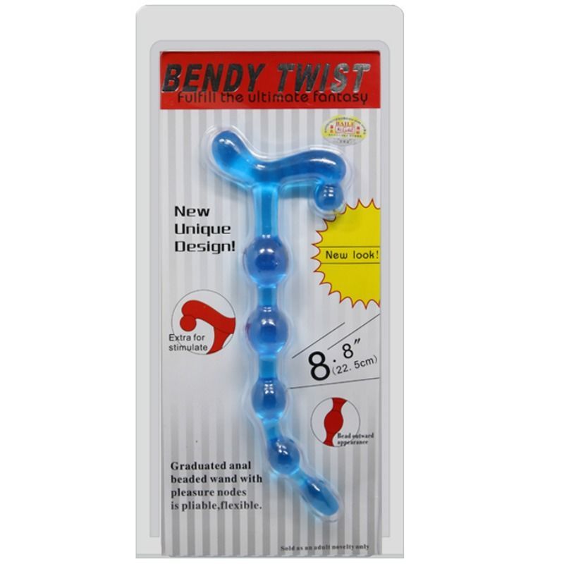 Blaues Wellness-Produkt mit Perlen und Griff, in Verpackung. Text: Bendy Twist, 8.8" (22.5cm).