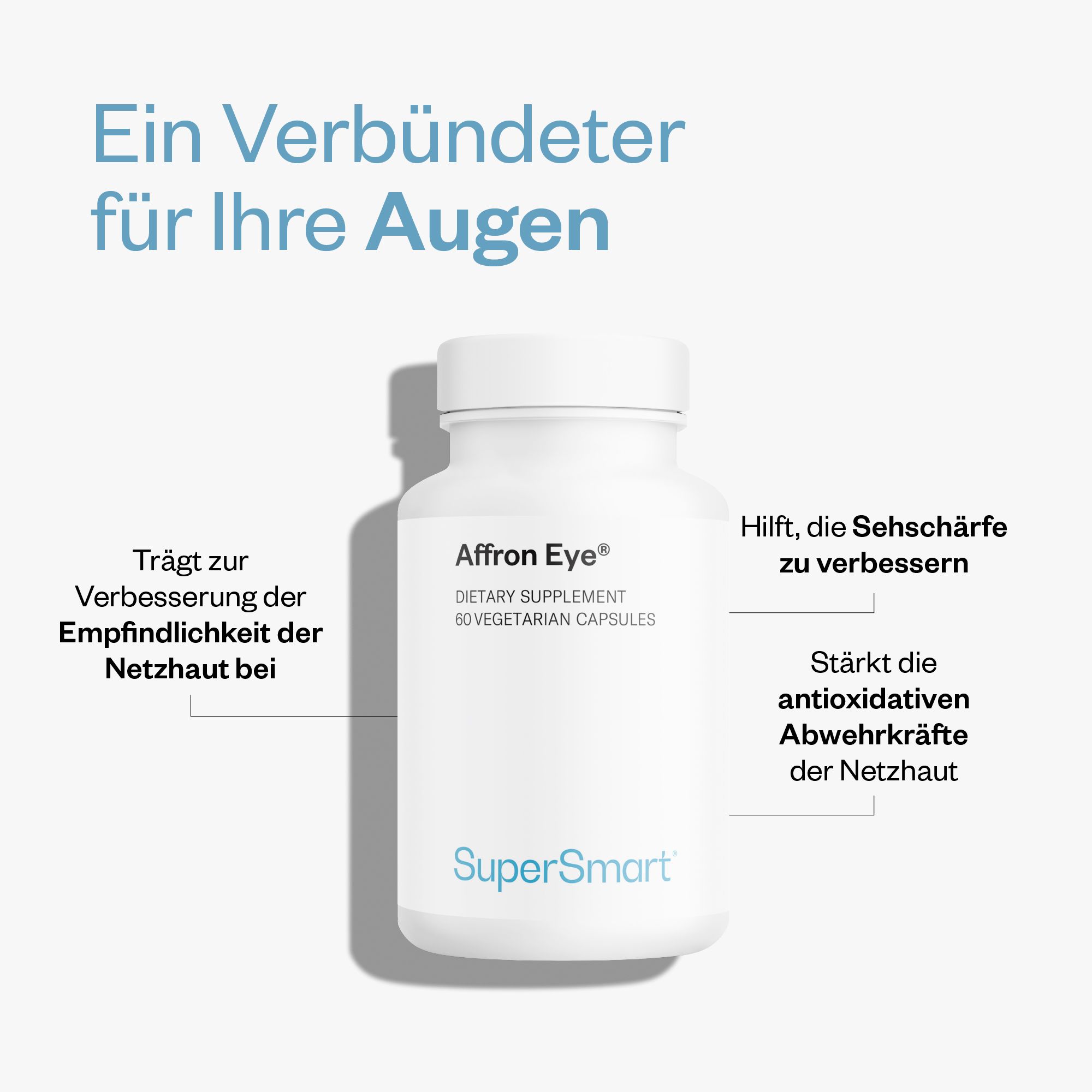 Weiße Flasche Affron Eye® mit Text und Pfeilen. Hilft, die Sehschärfe zu verbessern. SuperSmart-Logo.