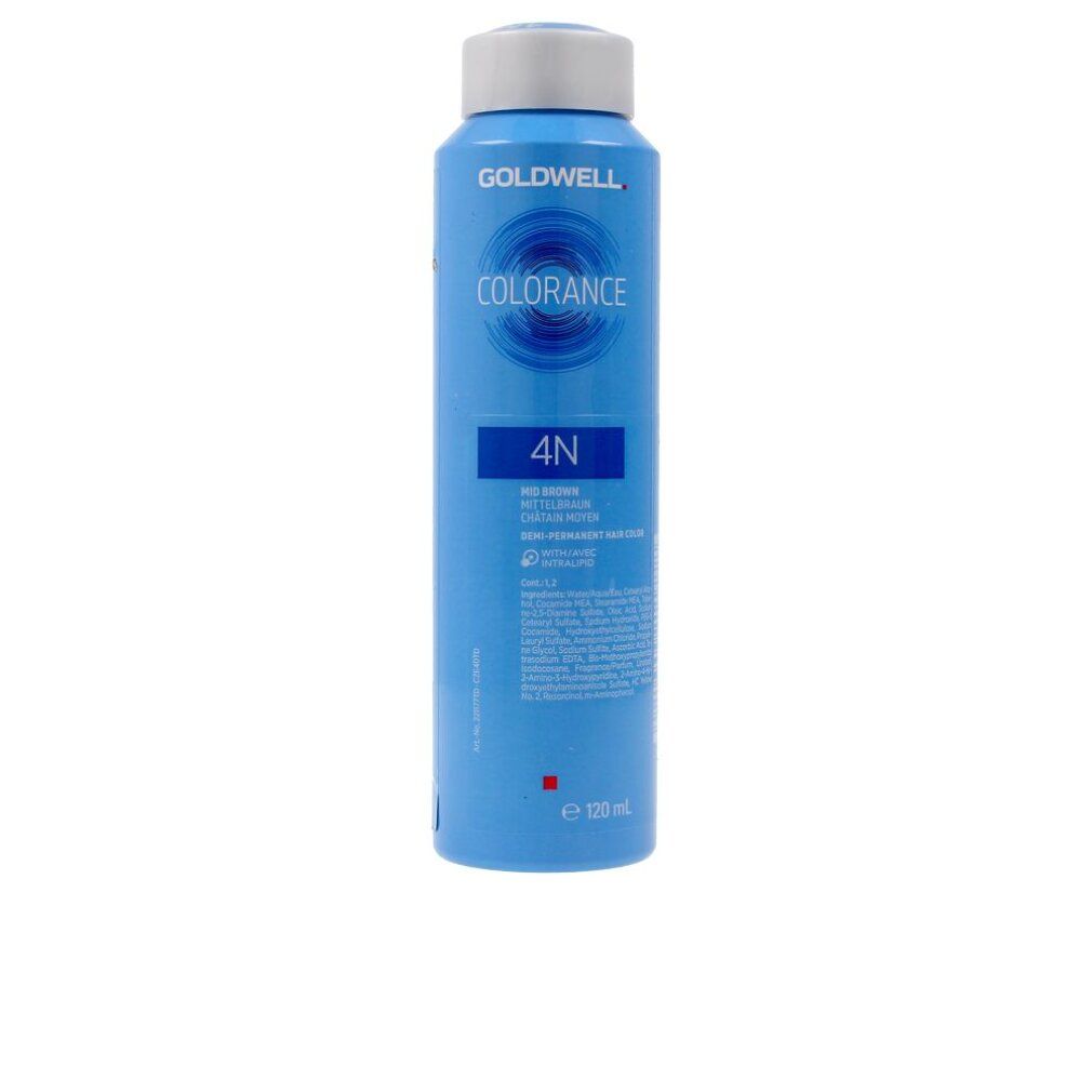 Blaue Flasche COLORANCE 4N. Goldwell-Logo und Produktbezeichnung. 4N-Farbcode. Demi-permanente Haarfarbe.