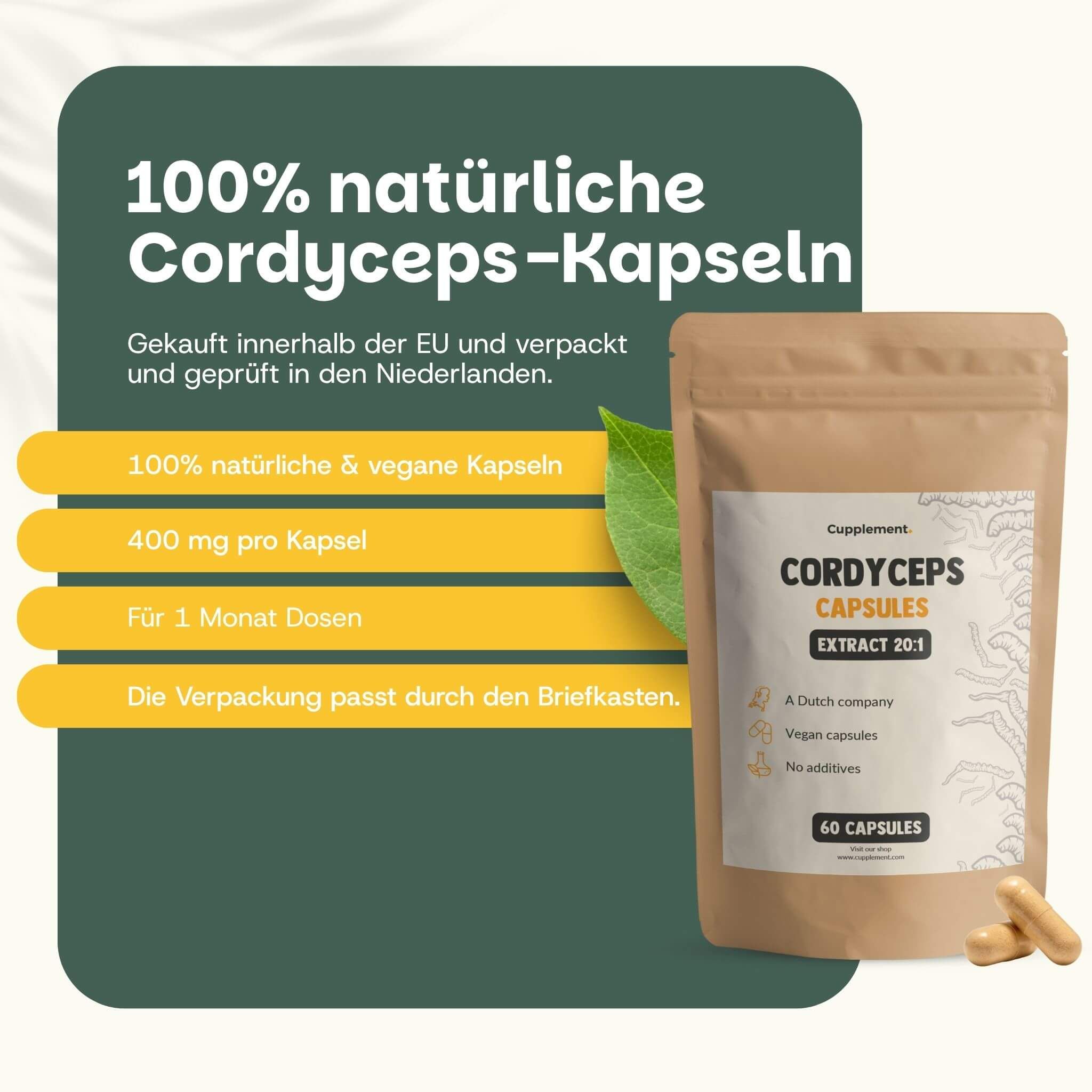 Kapsel mit Cordyceps-Extrakt. Text: Cordyceps-Extrakt-Kapseln. 100% natürlich. Keine Füllstoffe. Vegane Kapsel. Extrakt.