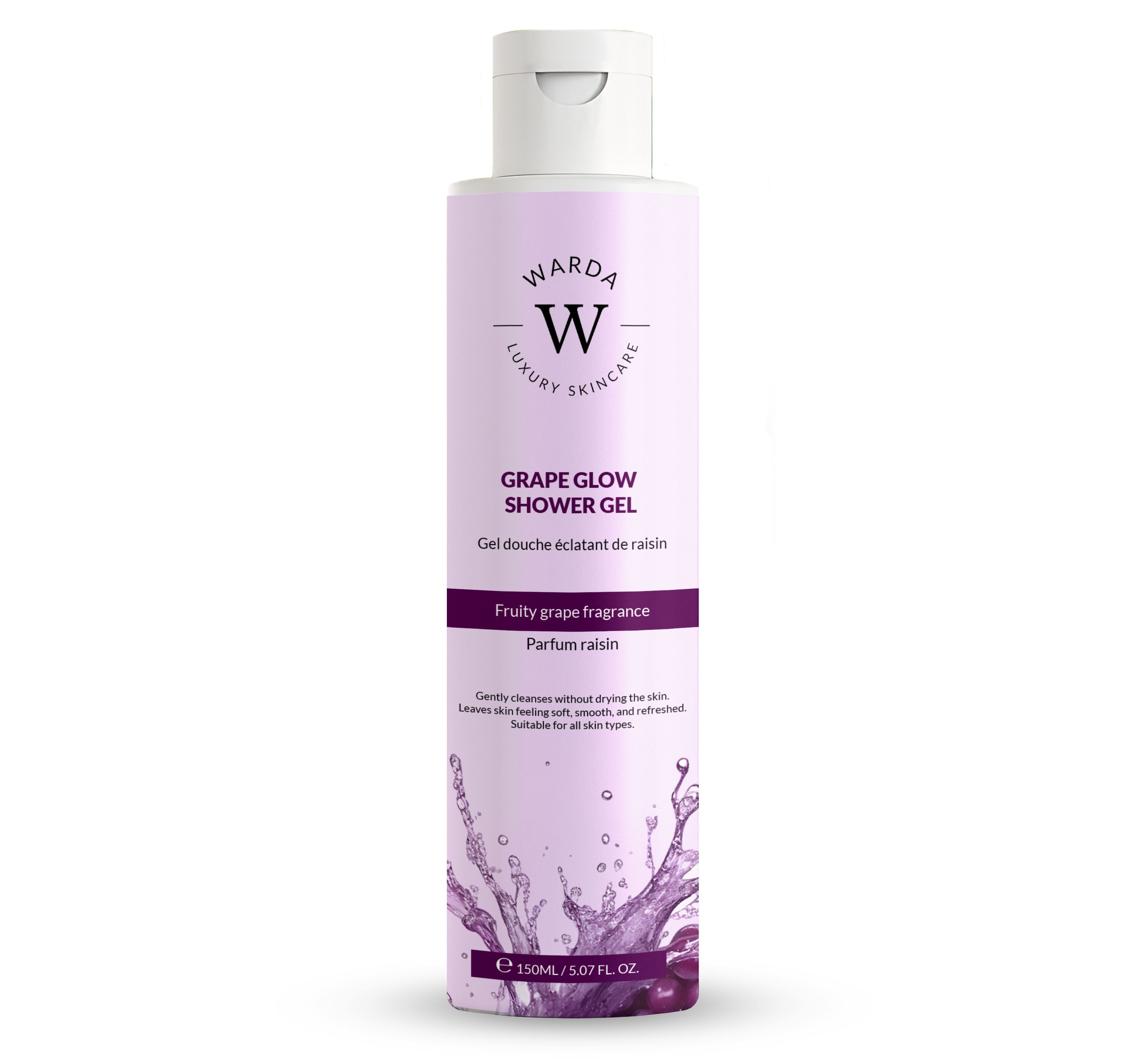 Flasche Warda Luxury Skincare Duschgel. Fliederfarbenes Etikett mit Produktnamen und Logo. Weißer Deckel.