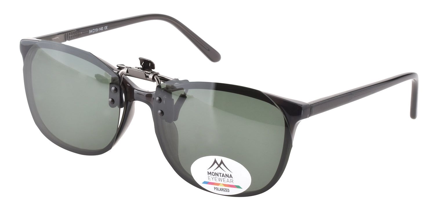 Montana Eyewear Sopot Clip-on-Sonnenbrille. Schwarzer Rahmen, grüne Gläser. Clip-on-Mechanismus. Logo und Polarized-Aufkleber.
