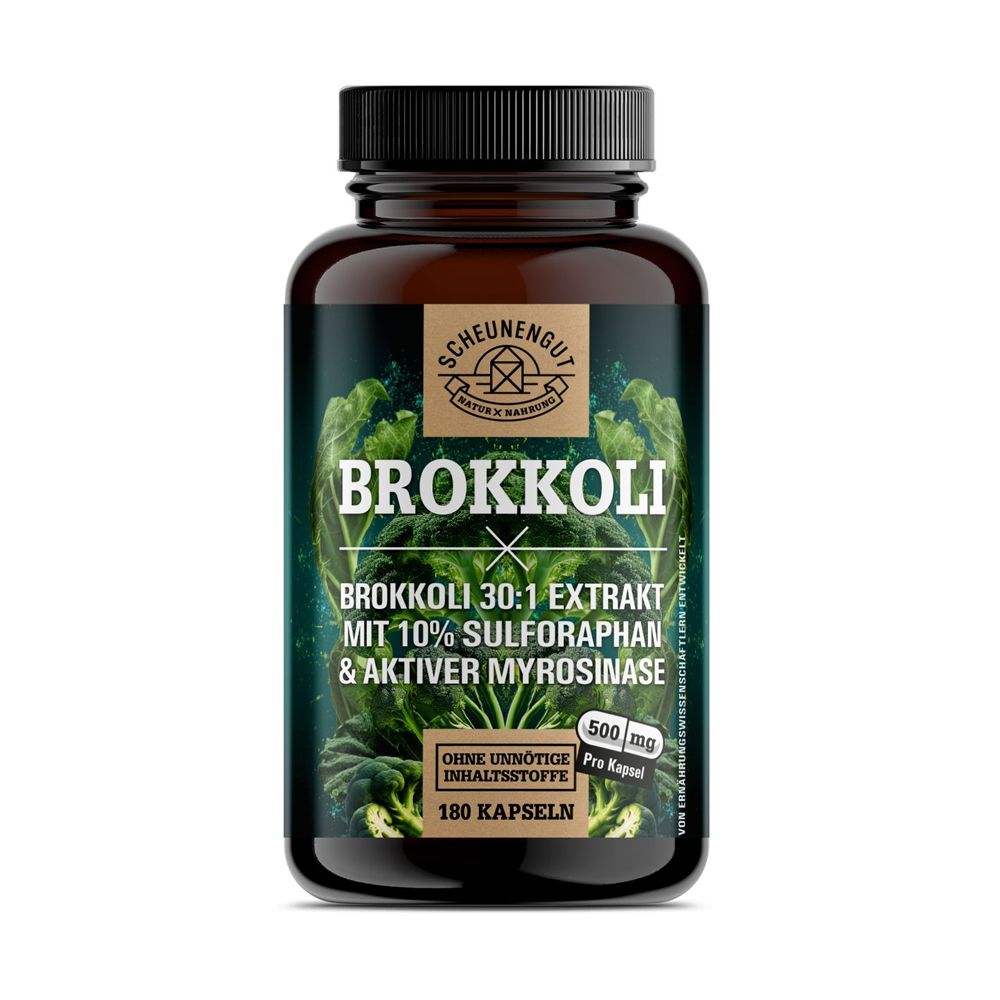 Braune Glasflasche mit Brokkoli-Extrakt, 180 Kapseln, 500mg pro Kapsel.