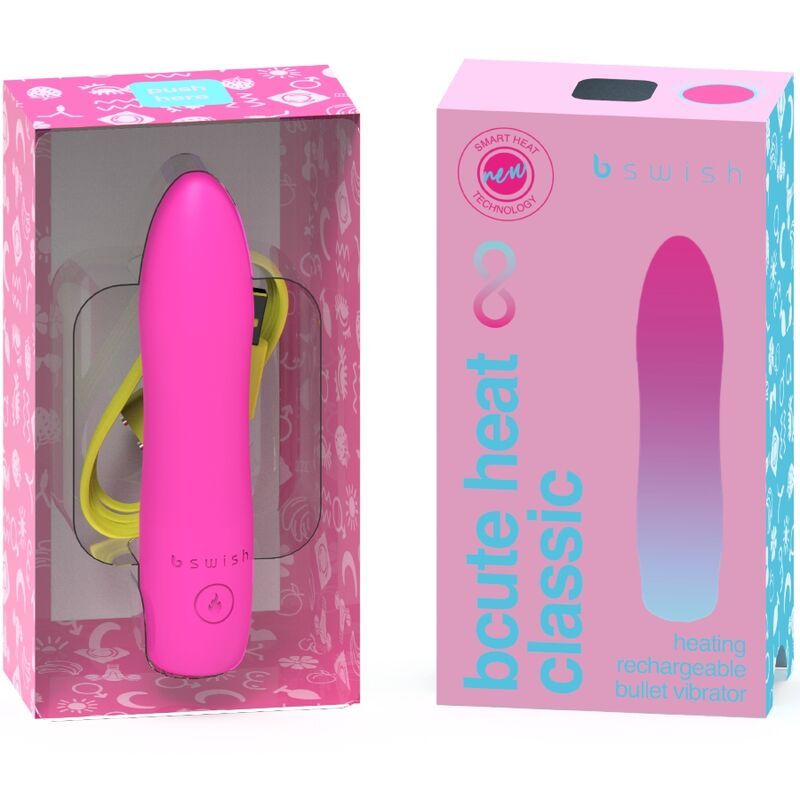 Produktverpackung mit einem pinkfarbenen Vibrator und gelbem Ladekabel. Auf der Verpackung steht b swish und weitere Texte.