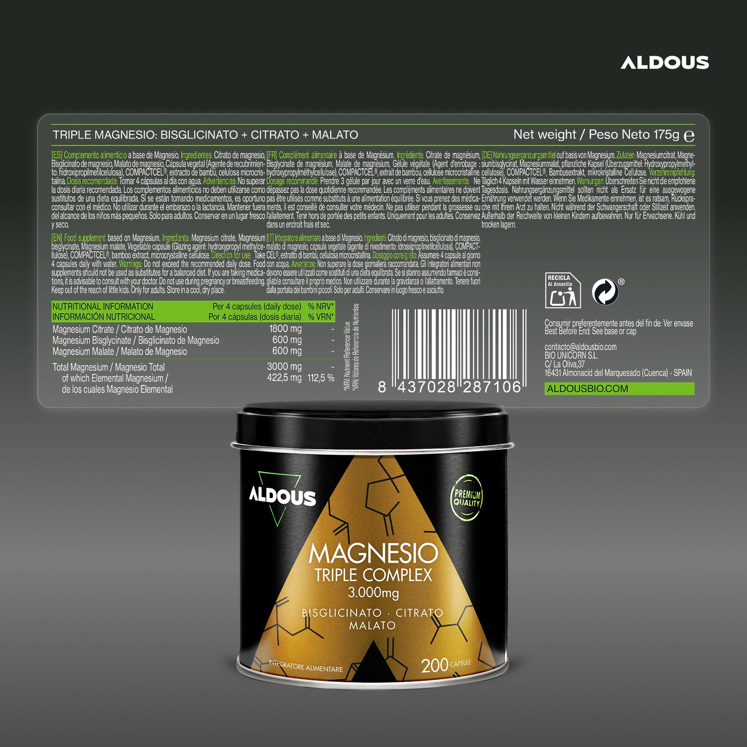 Aldous Magnesio Triple Complex Dose und Etikett mit Nährwertangaben und Barcode.