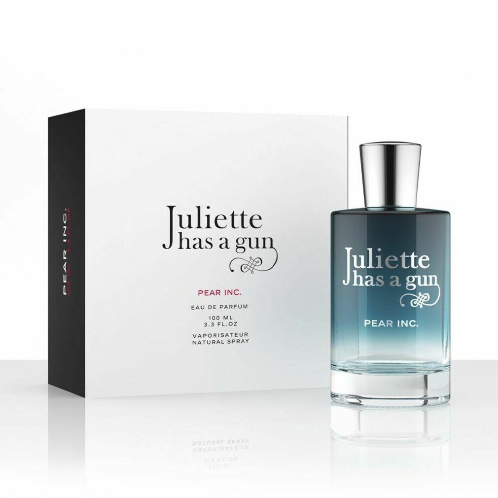 Parfümflakon neben weißer Schachtel. Aufschrift: Juliette has a gun, Pear Inc. Farbverlauf blau. Schachtel mit Text.