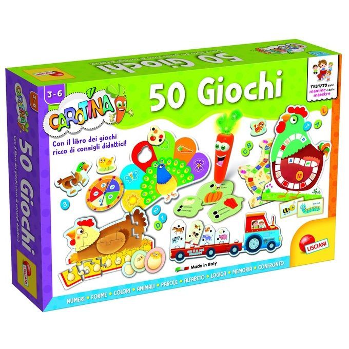 Confezione Lisciani Carotina. Scritta "50 Giochi". Contiene giocattoli a tema carota e testo in italiano.
