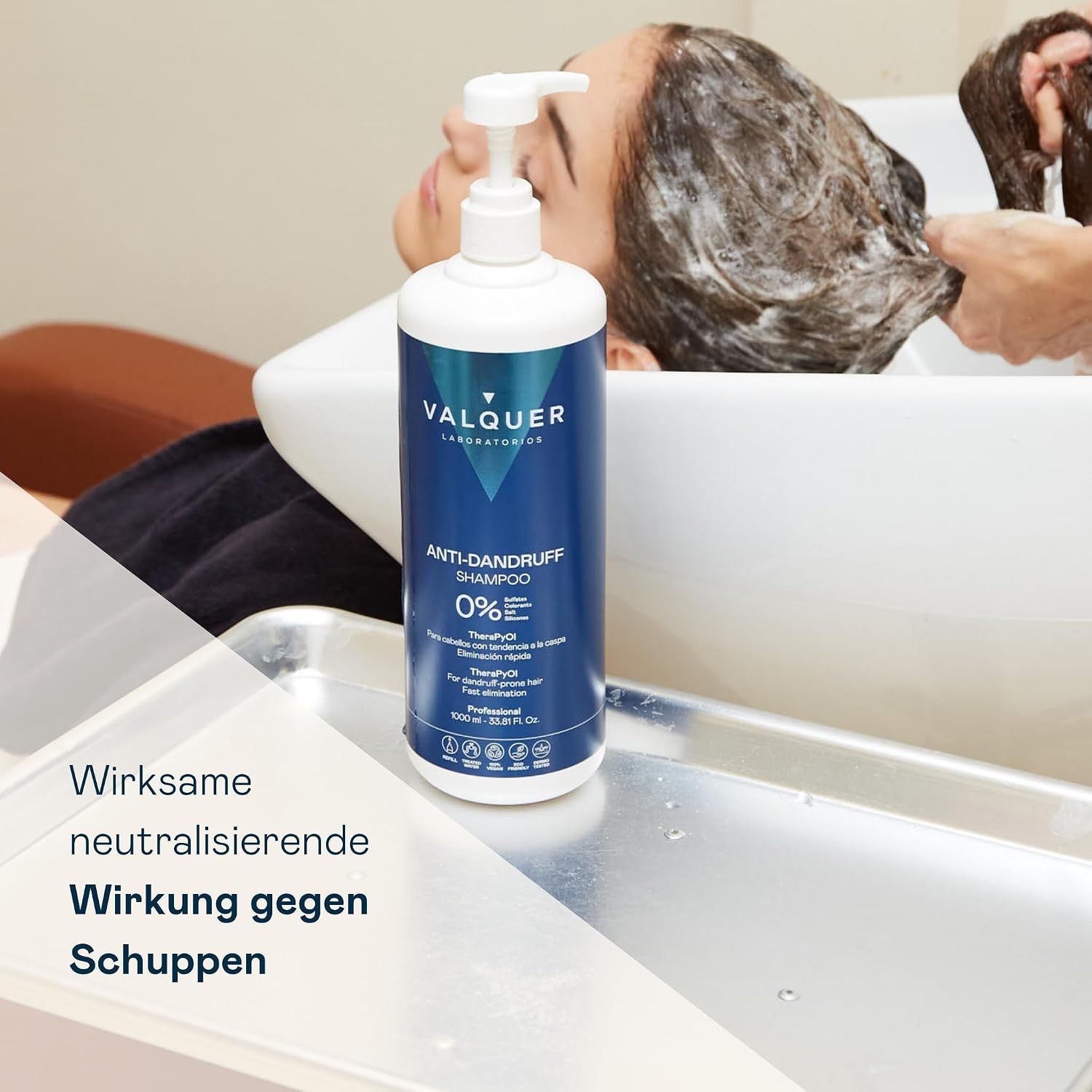 VALQUER Laboratories Anti-Schuppen Shampoo, 1000ml, in einer dunkelblauen Flasche mit Pumpspender.