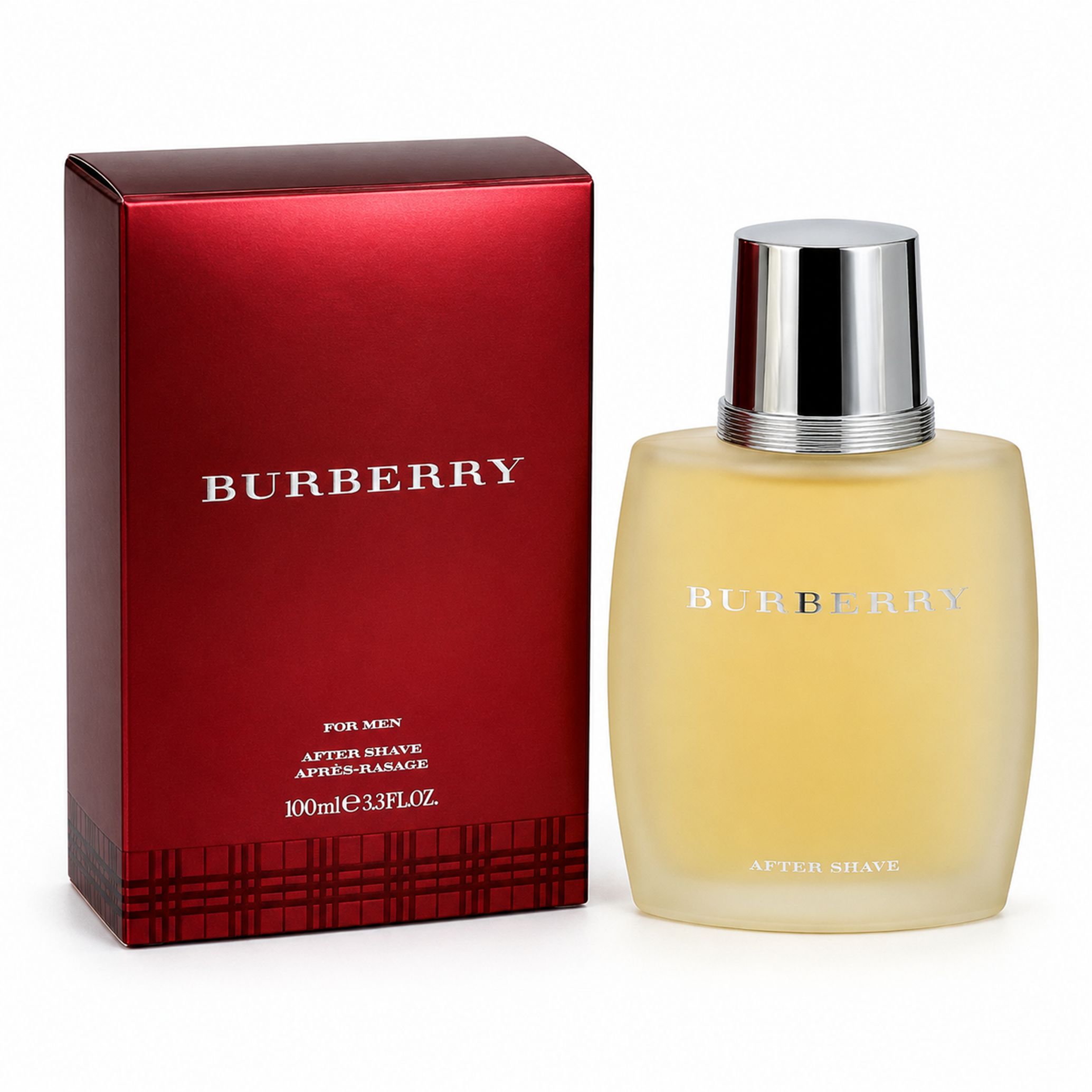 Burberry For Men After Shave Flakon und rote Box mit silbernem Burberry-Schriftzug.