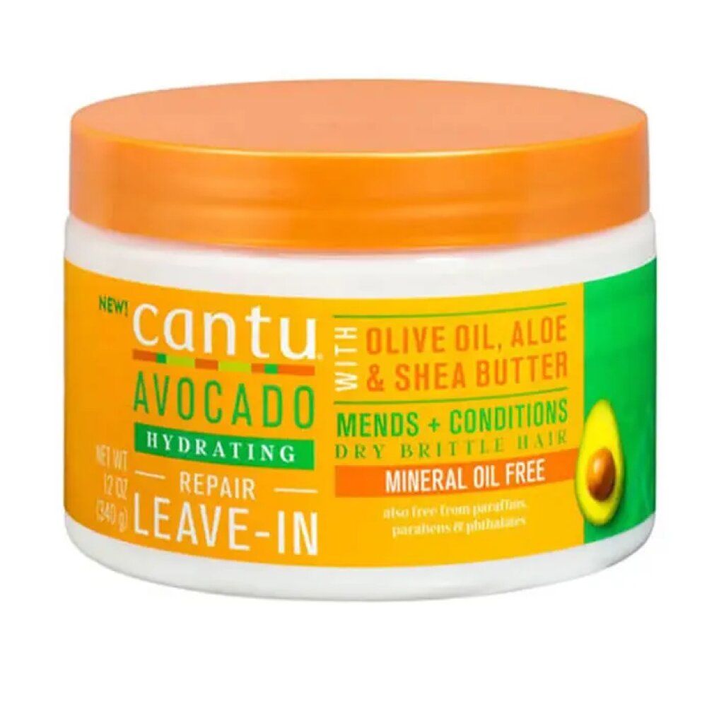 Cantu Avocado Hydrating Repair Leave-In. Weiße Dose mit orangefarbenem Deckel. Gelbes Etikett mit grünen und weißen Akzenten. Avocado-Illustration.