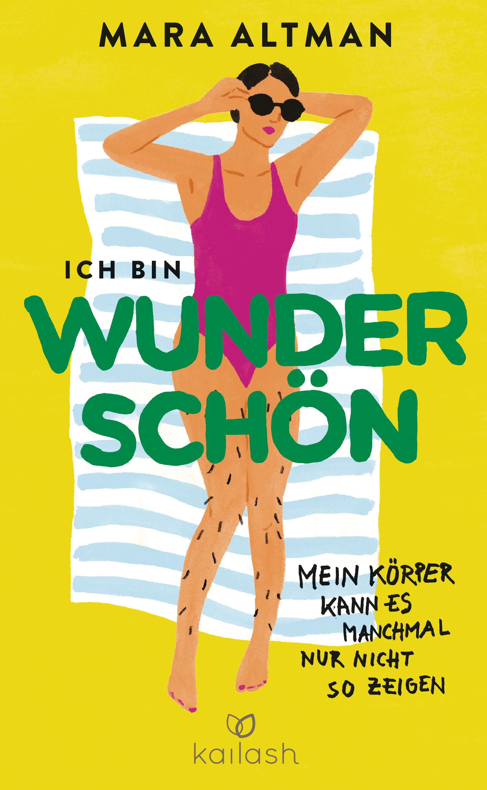 Buchcover mit Illustration. Frau in pinkfarbenem Badeanzug, Sonnenbrille, auf Strandtuch. Titel: Ich bin wunderschön.