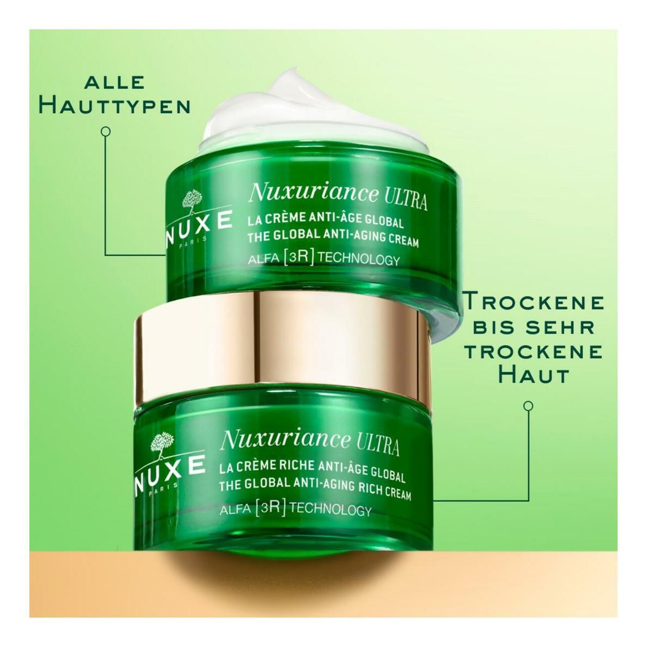 Zwei grüne Cremetiegel. Aufschrift: NUXE, Nuxuriance Ultra. Text: Alle Hauttypen, trockene bis sehr trockene Haut.