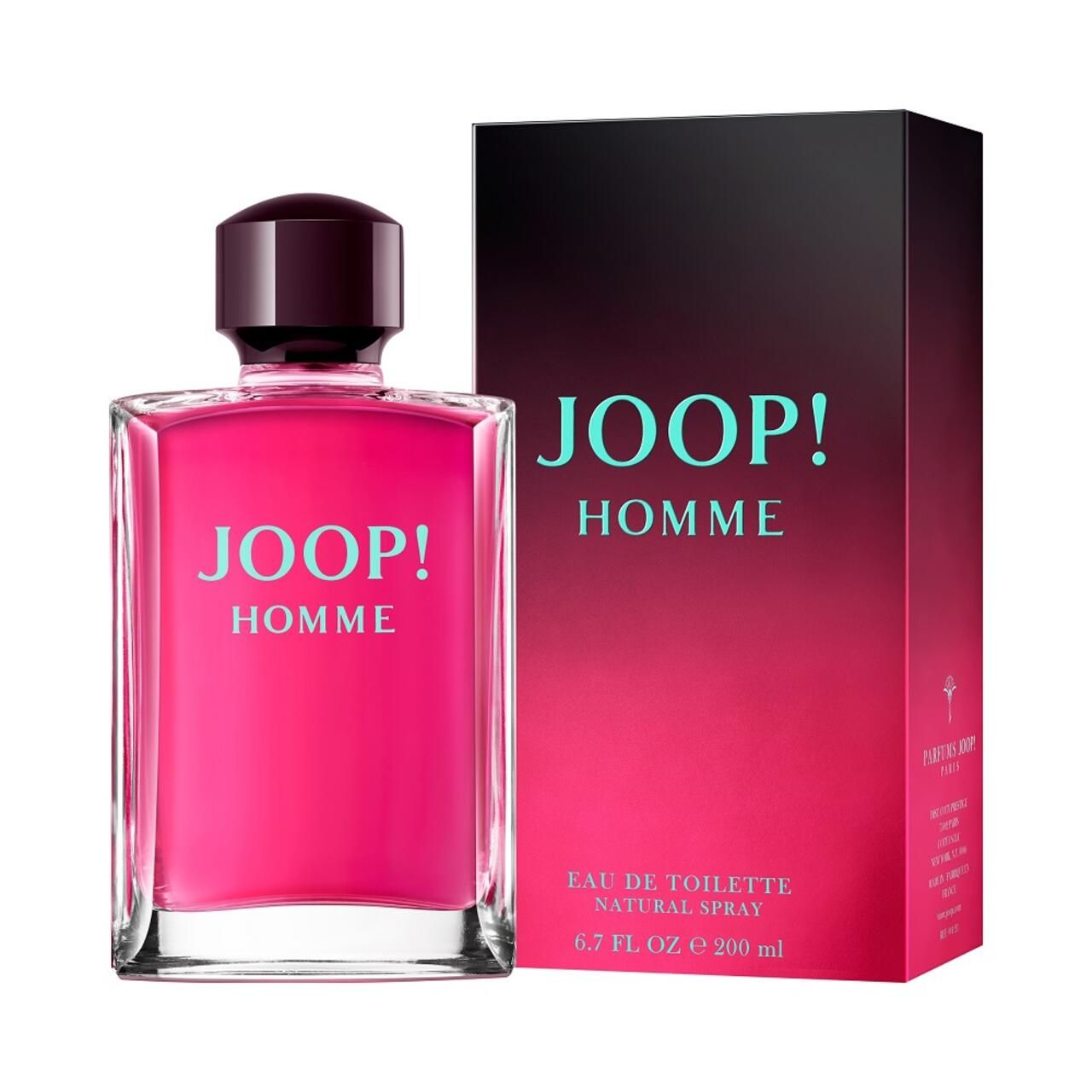 Pinkfarbener Flakon und Verpackung. Schwarze Verpackung mit JOOP! HOMME. Aufschrift: Eau de Toilette, Natural Spray.