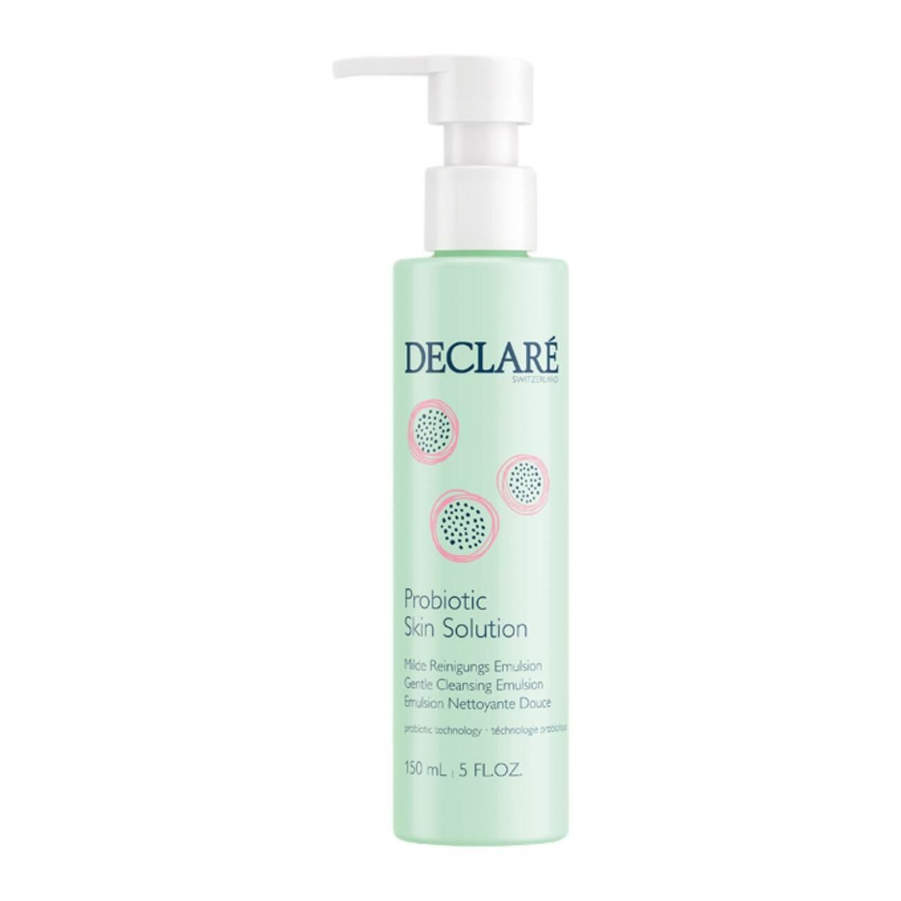 Grüne Flasche mit Pumpe. Aufschrift: DECLARÉ, Probiotic Skin Solution, Milde Reinigungs Emulsion. 150 ml.