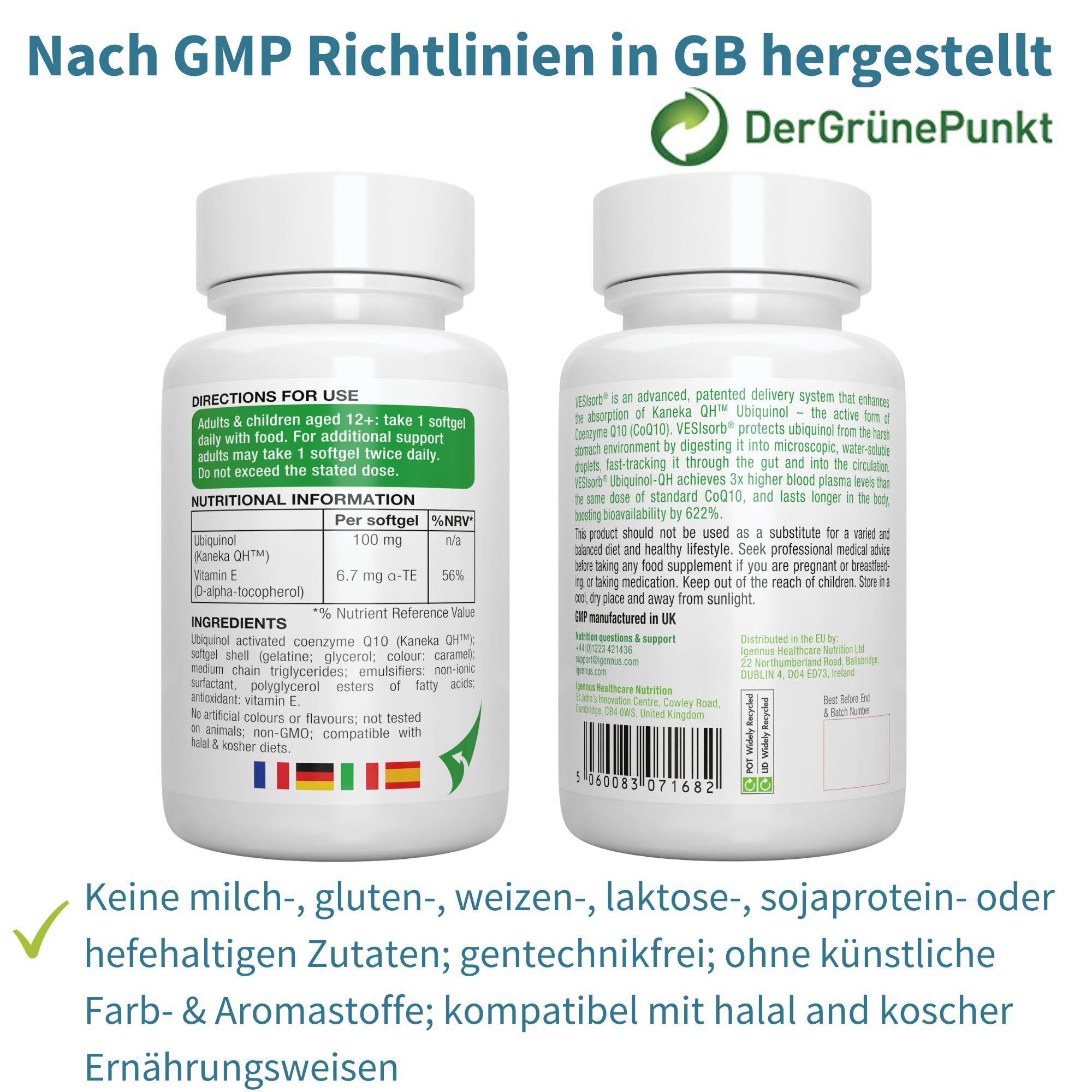 Flaschen Vorder- und Rückseite, hergestellt nach GMP-Richtlinien, mit Liste der Inhaltsstoffe.