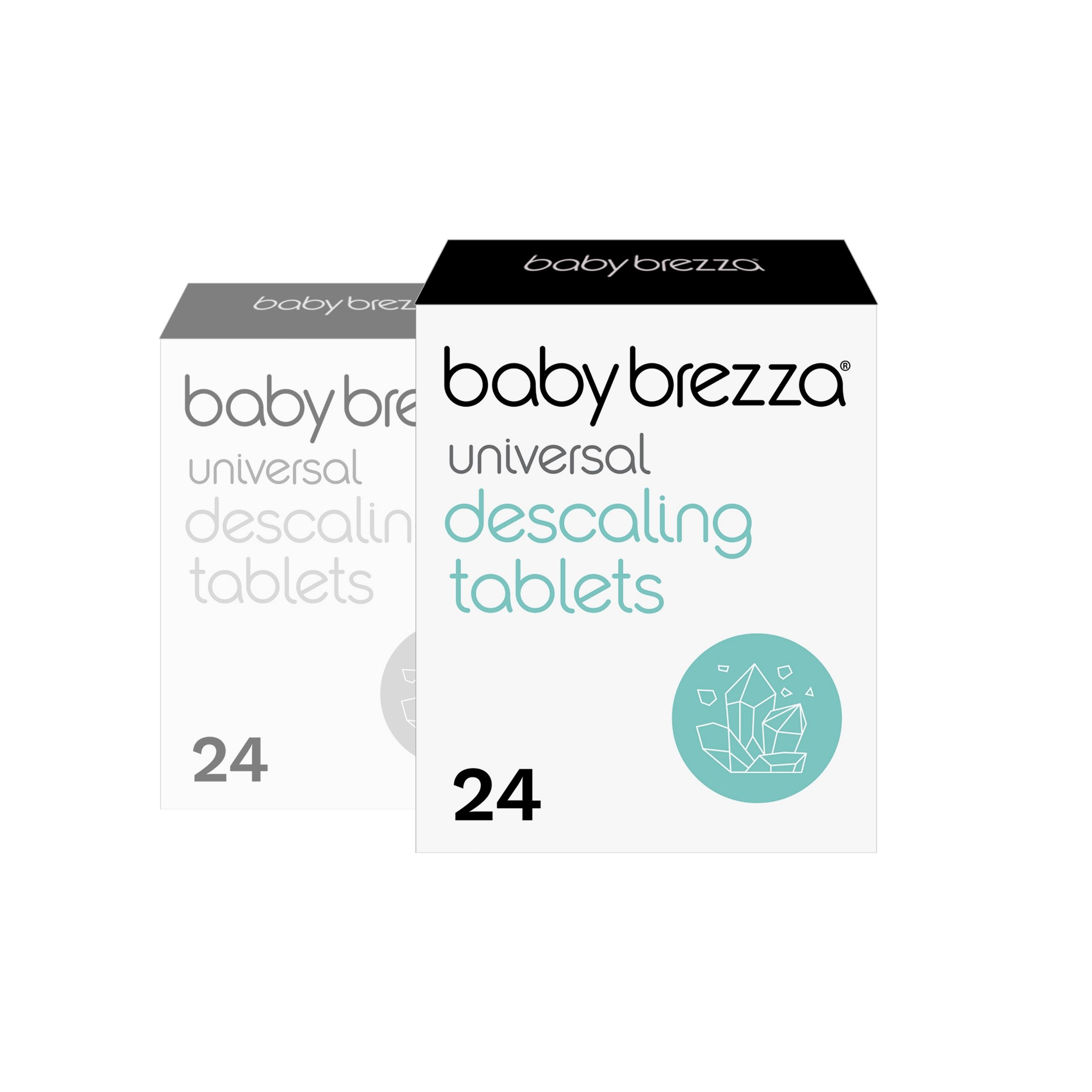 Zwei Packungen Baby Brezza Universal-Entkalkungstabletten. Aufschrift: 24 Tabletten. Logo und Produktname.