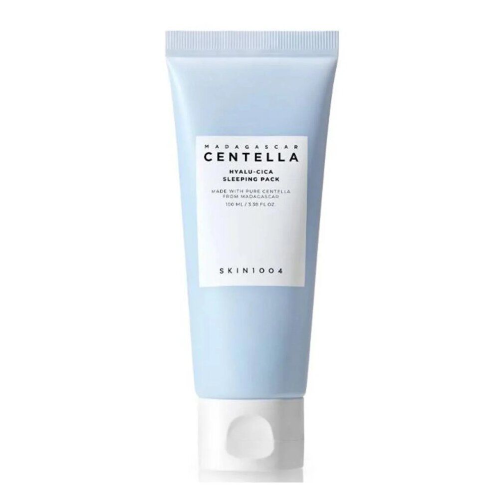 Hellblaue Tube mit weißem Etikett, SKIN1004 Madagascar Centella Hyalu-Cica Sleeping Pack.