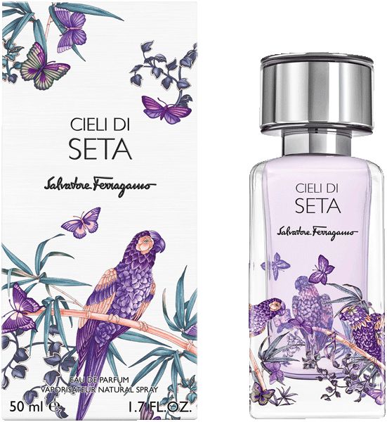 Verpackung Salvatore Ferragamo Cieli di Seta Eau de Parfum mit lila Vogel- und Schmetterlingsmotiv.