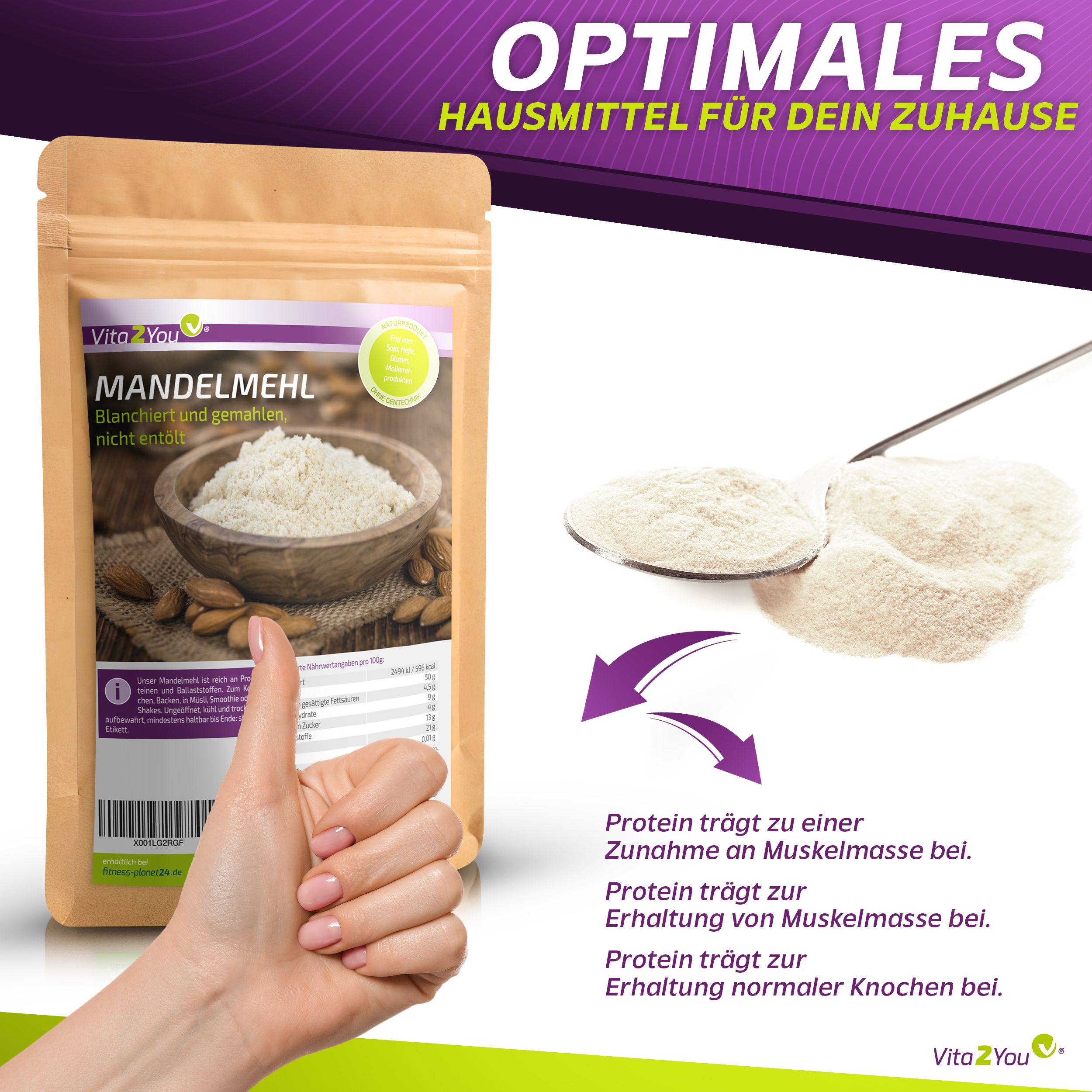 Vita2You Mandelmehl in Beutel. Text: Mandelmehl, blanchiert und gemahlen, nicht entölt. Hand zeigt Daumen hoch. Zusätzliche Informationen.