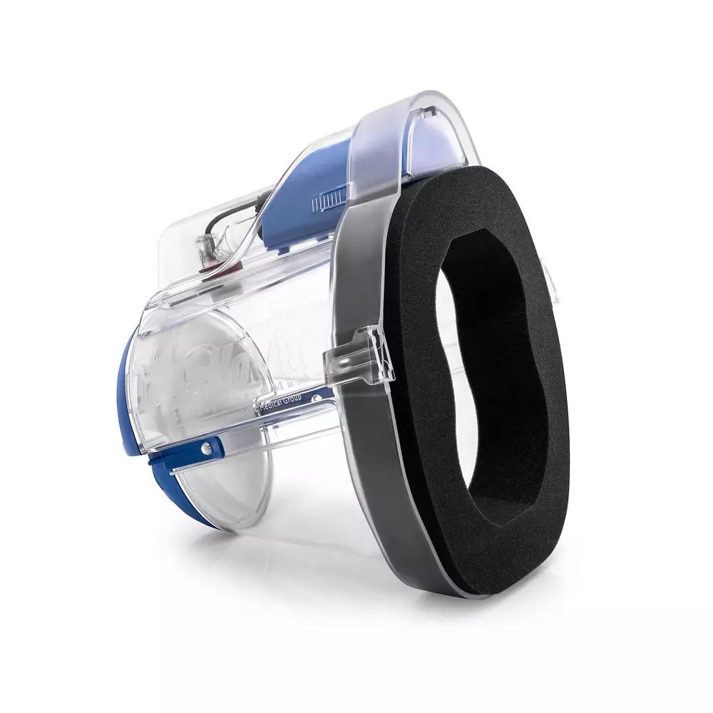 Inhalationsset mit schwarzem Schaumstoffring. Blaue und transparente Elemente. Grauer Rand.