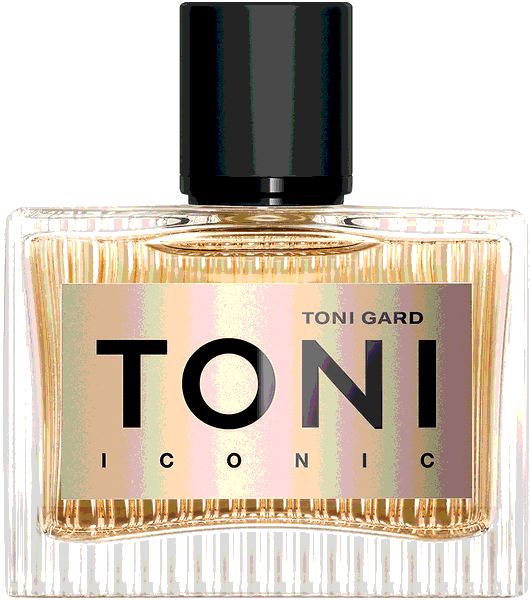 Parfümflakon mit schwarzem Deckel. Auf dem Etikett steht "TONI ICONIC". Der Flakon ist rechteckig und durchsichtig.