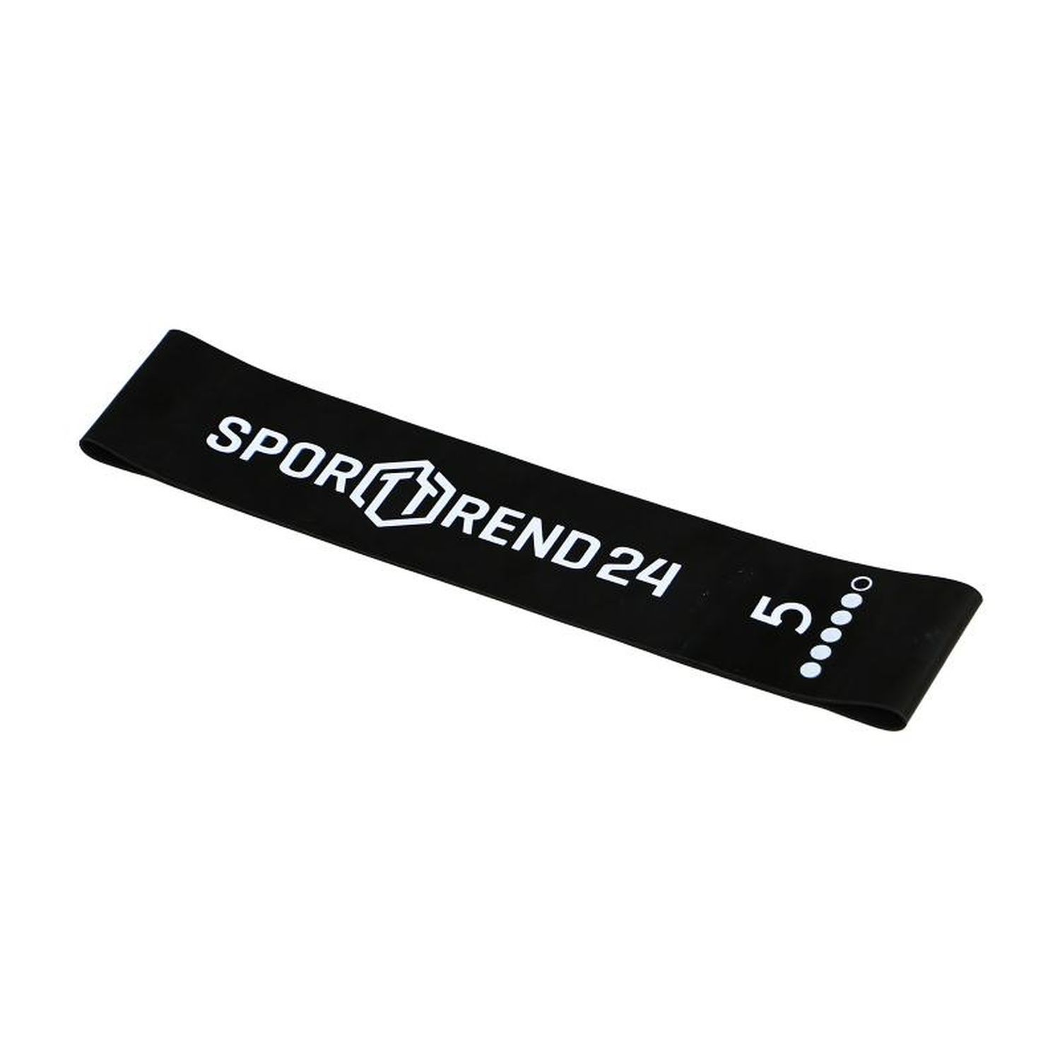 Schwarzes Mini-Band mit weißem Schriftzug Sporttrend24 und Zahl 5. Sechs weiße Punkte. Fitness-Band.