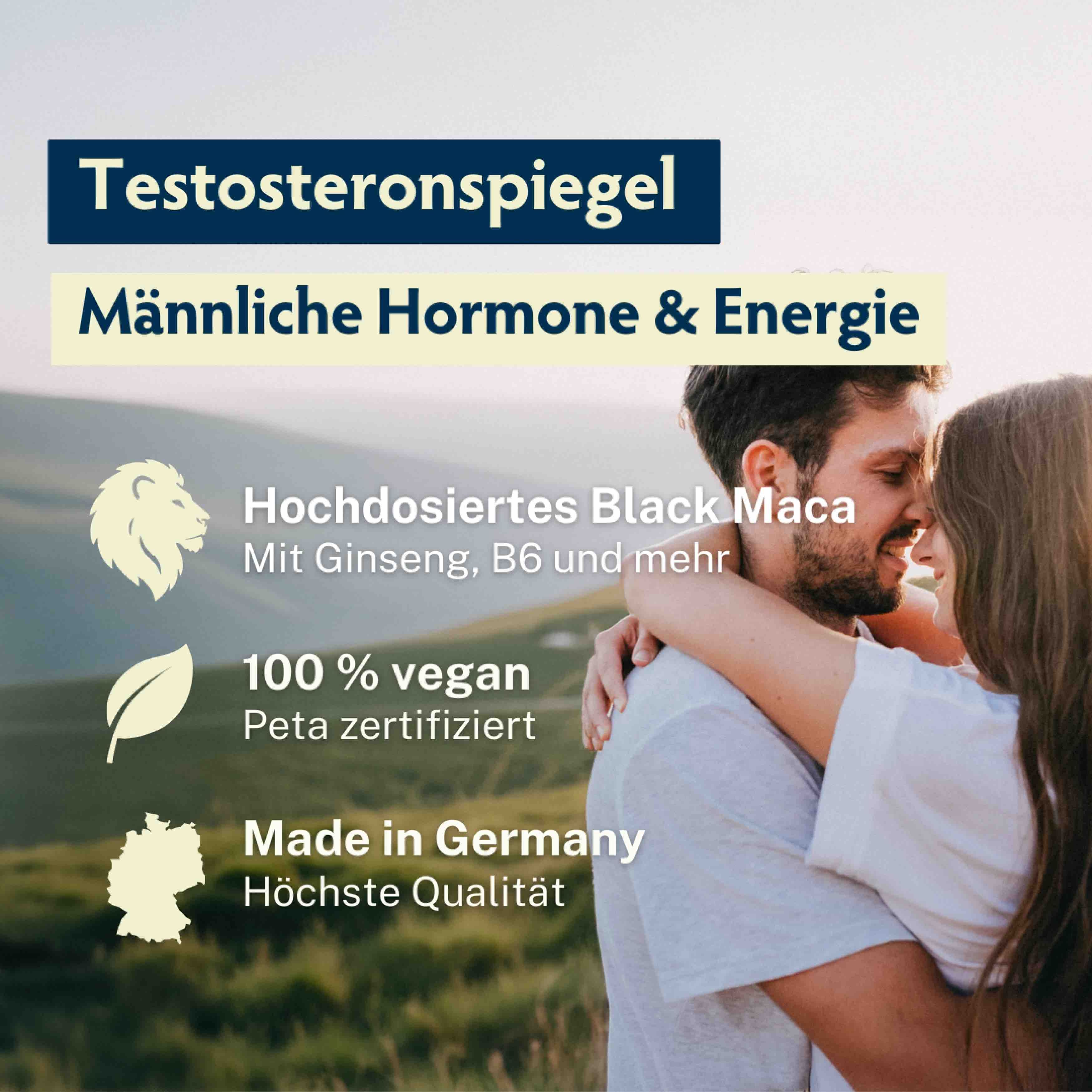 Text mit Informationen zu männlichen Hormonen und Energie. Enthält Logos und Text wie "100% vegan" und "Made in Germany".