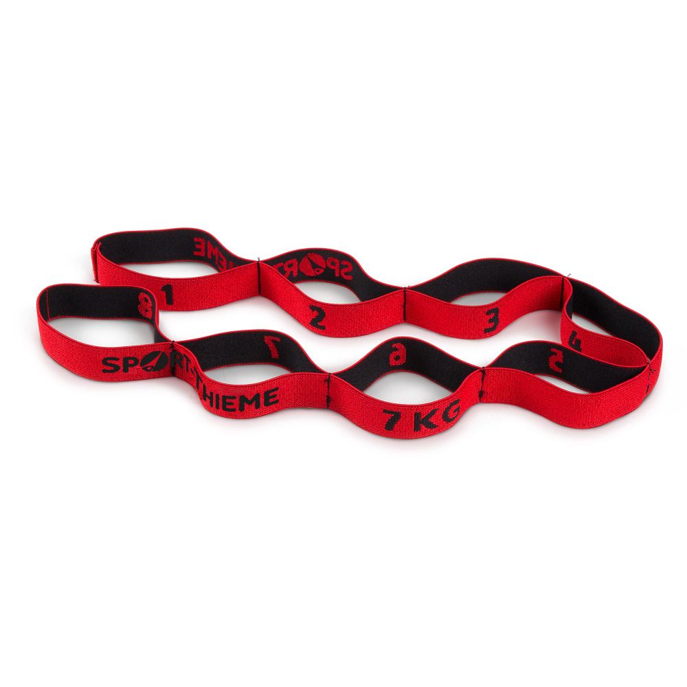 Rotes Elastikband mit schwarzen Schlaufen. Aufschrift "SPORT-THIEME" und Zahlen. Angabe "7 KG".