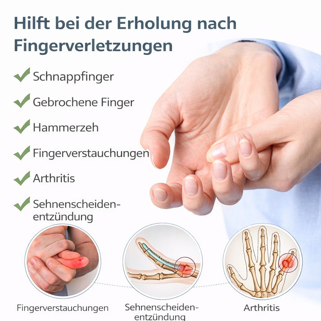 Hand mit Kleinfinger Schiene. Auflistung von Beschwerden: Schnappfinger, gebrochene Finger, Hammerzeh, Fingerverstauchungen, Arthritis, Sehnenscheidenentzündung.